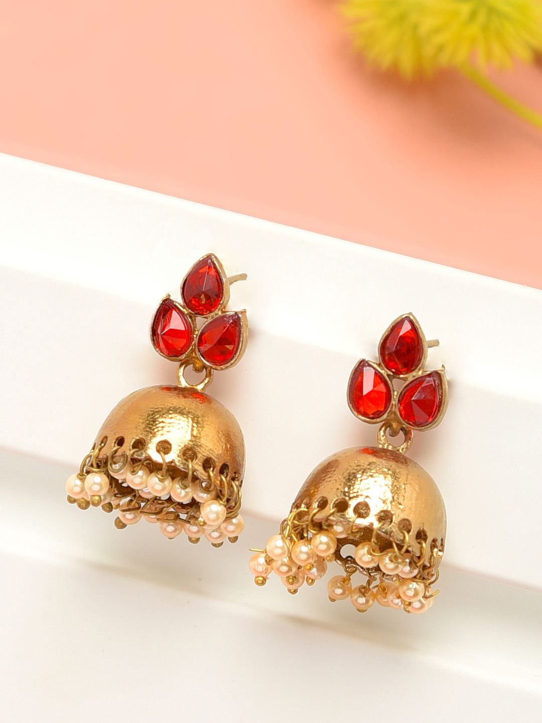 Zaveri Pearls Gold-Toned & Red Dome Shaped Jhumkas Price in India