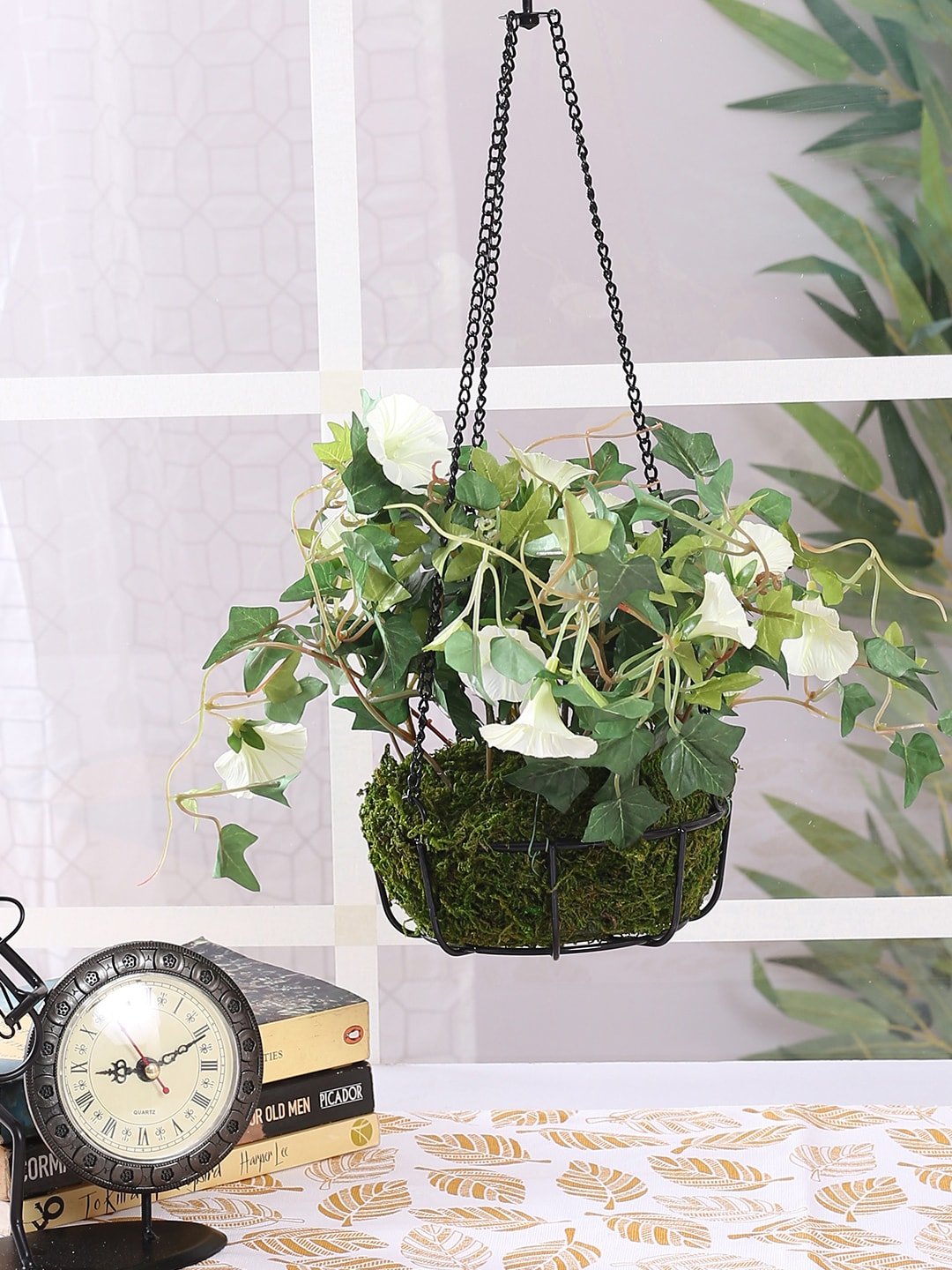 Fourwalls White & Green Artificial Hanging Morning Glory Flower Plants with Basket Price in India