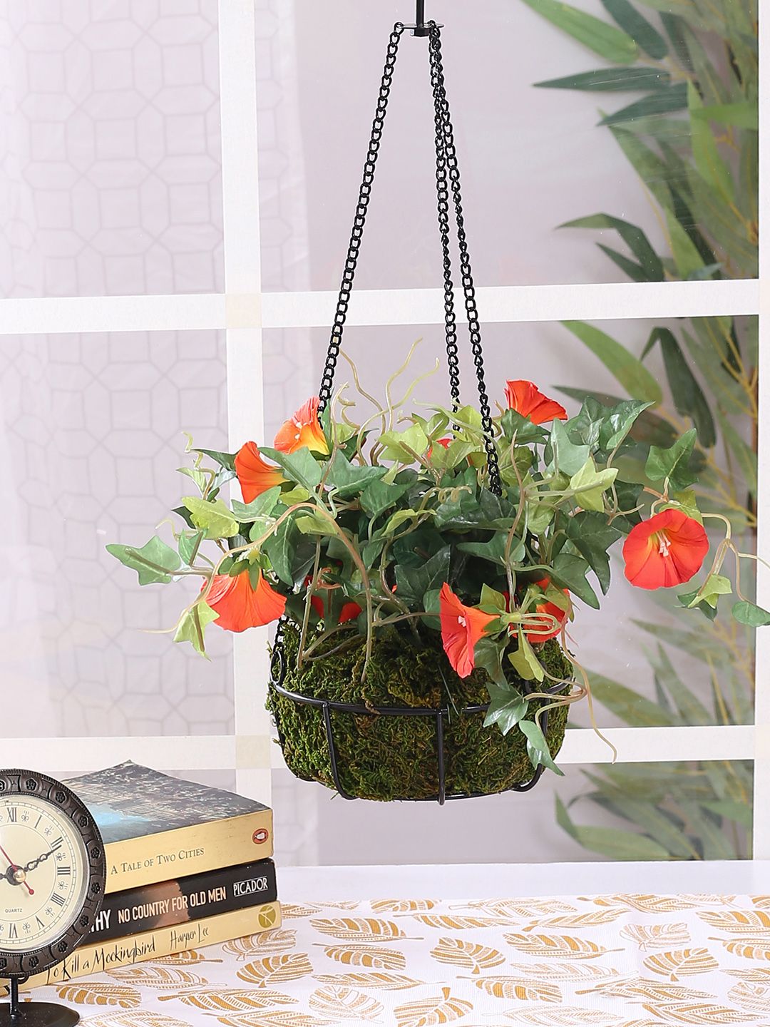 Fourwalls Orange & Green Artificial Hanging Morning Glory Flower Plants with Basket Price in India