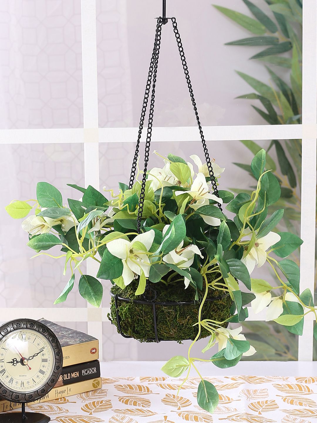 Fourwalls White & Green Artificial Hanging Bougainvillea Flower Plants with Basket Price in India