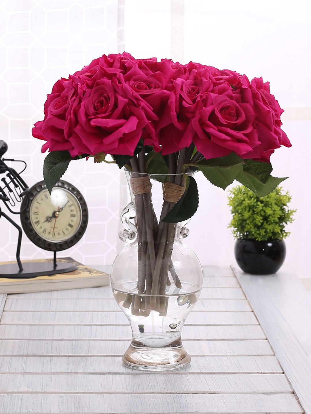 Fourwalls Set Of 2 Pink Artificial Rose Flower Bunches Without Pot Price in India