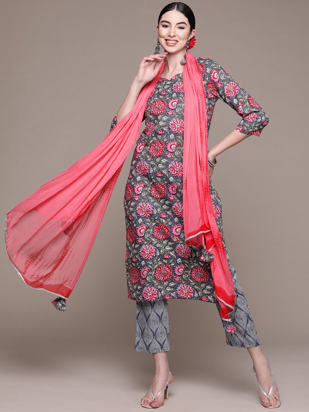 Anubhutee Women Floral Printed Pure Cotton Kurta With Trousers & Dupatta Price in India