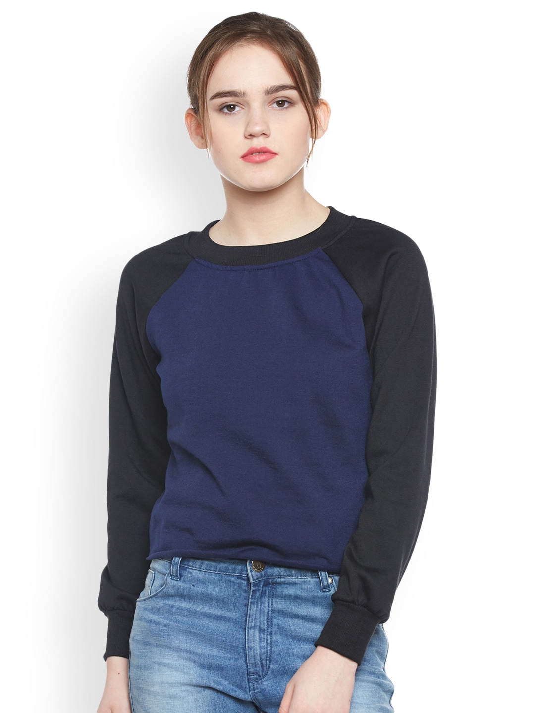 Belle Fille Women Navy Blue & Black Solid Sweatshirt Price in India