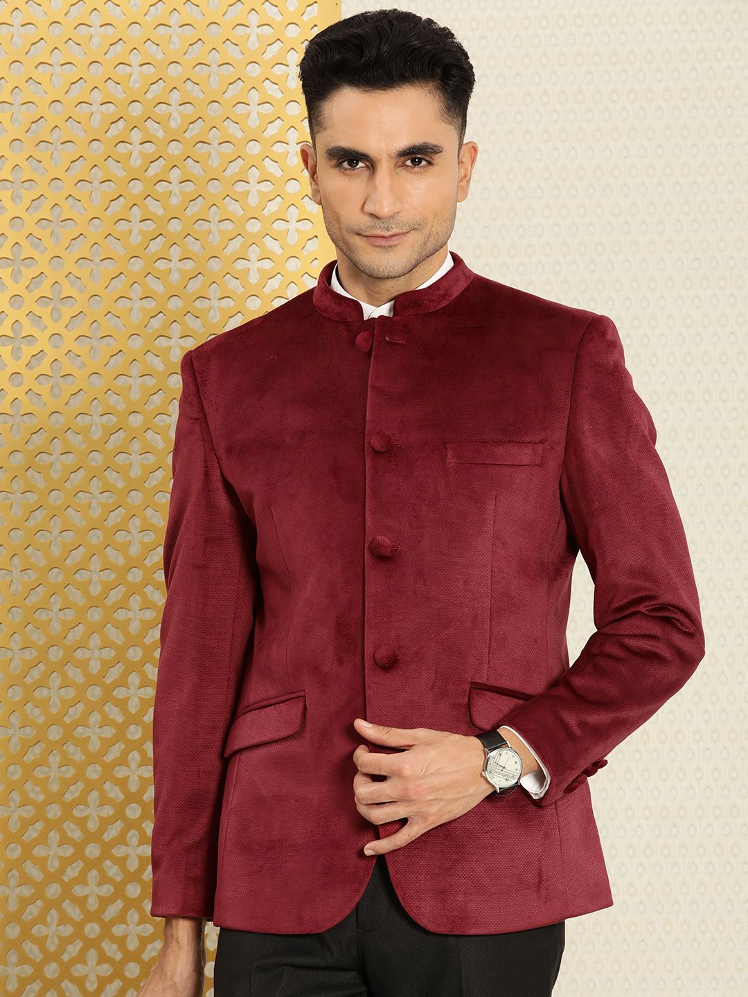 House of Pataudi Self Design Velvet Finish Mandarin Collar Bandhgala Jashn Blazer