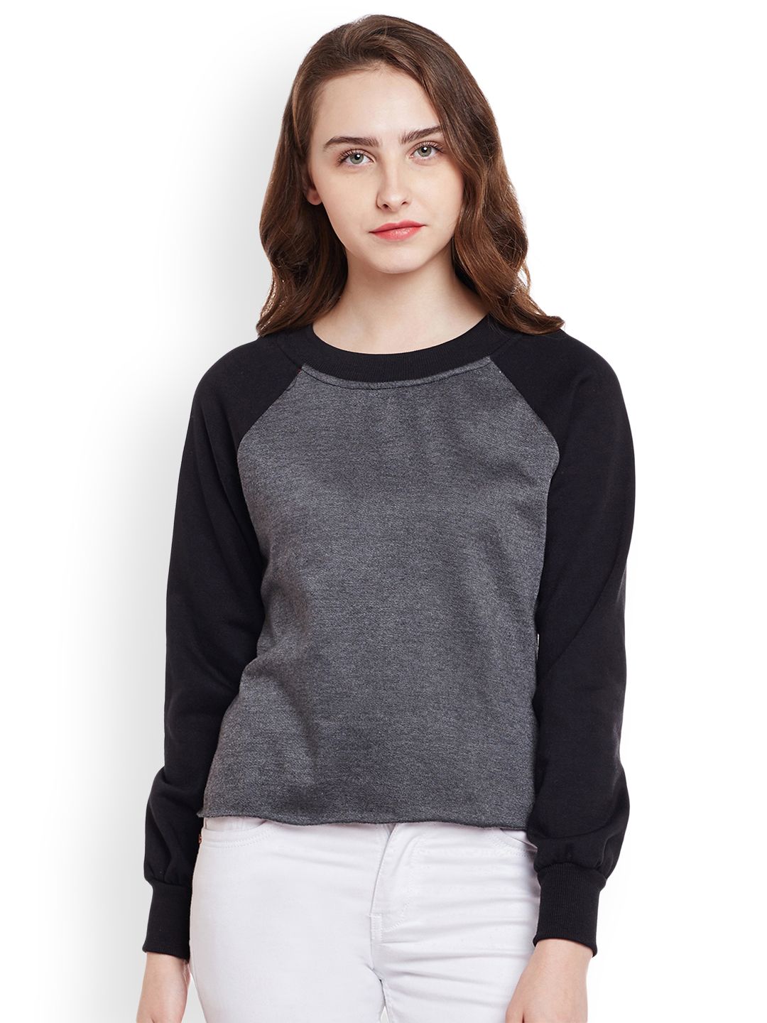Belle Fille Women Grey & Black Solid Sweatshirt Price in India