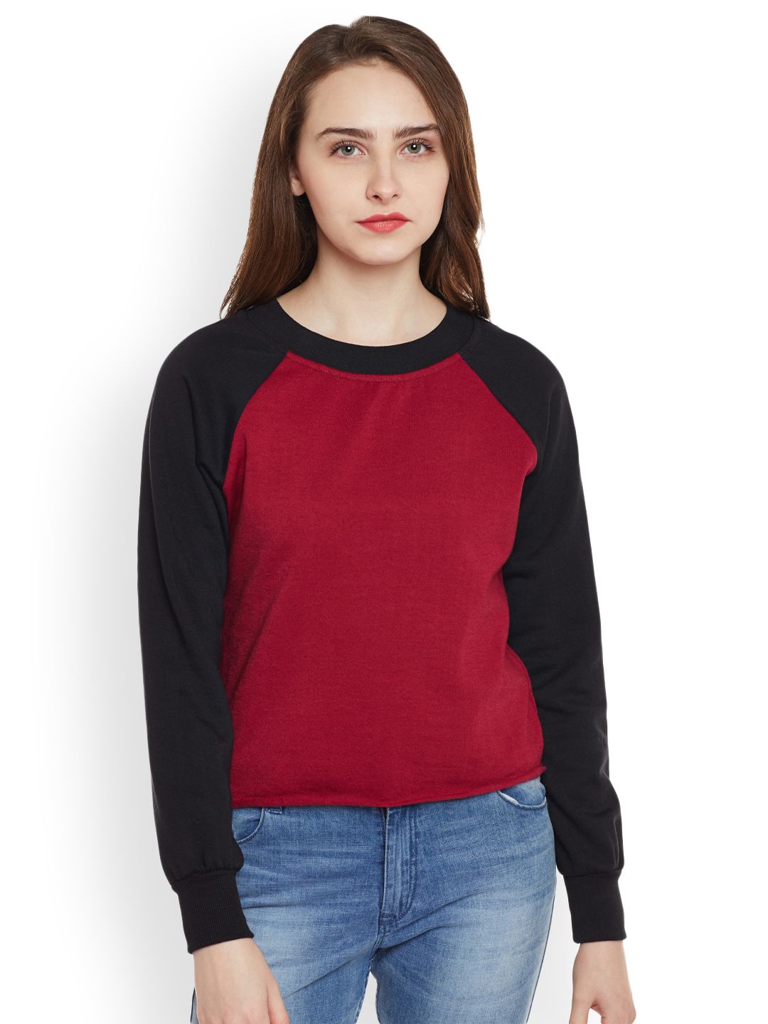 Belle Fille Women Maroon & Black Solid Sweatshirt Price in India
