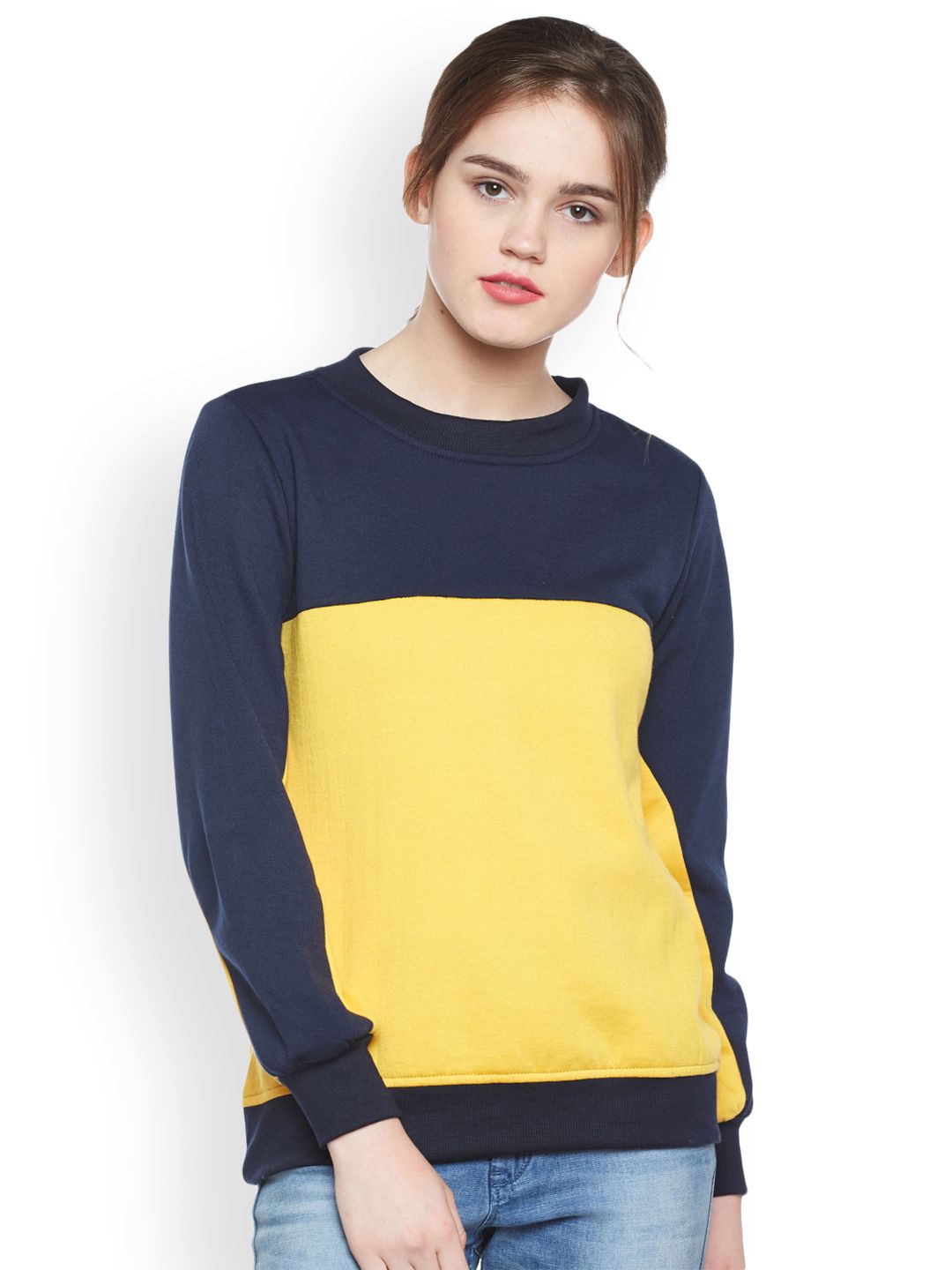 Belle Fille Women Navy Blue & Yellow Colourblocked Sweatshirt Price in India