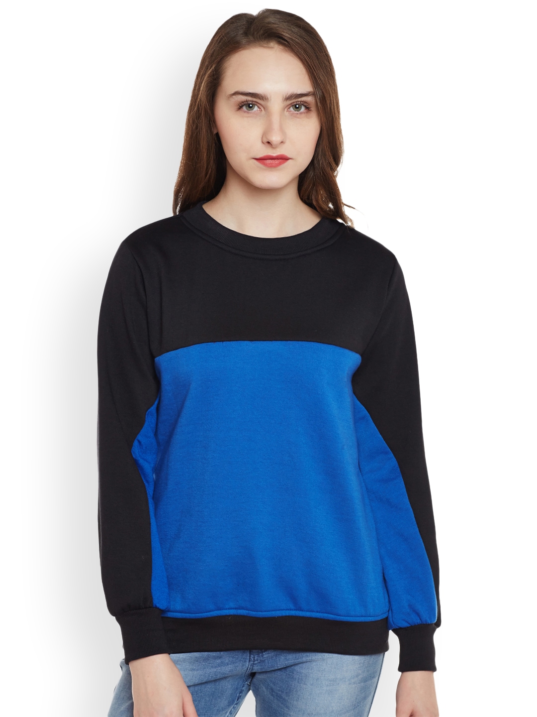 Belle Fille Women Black & Blue Colourblocked Sweatshirt Price in India