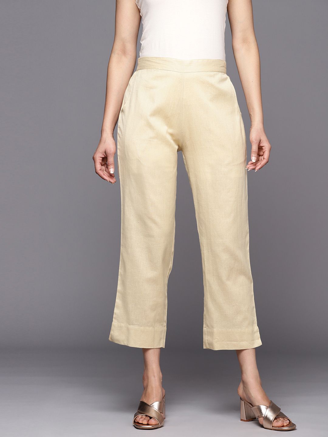 Libas Women Beige Straight Fit Trousers Price in India