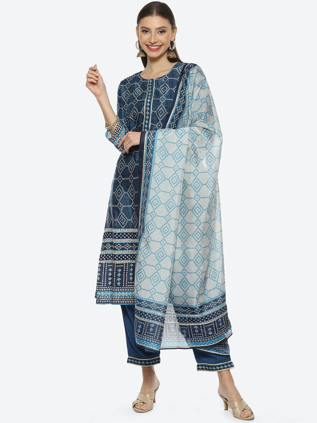Biba Bandhani Printed Kurta With Trousers & Dupatta
