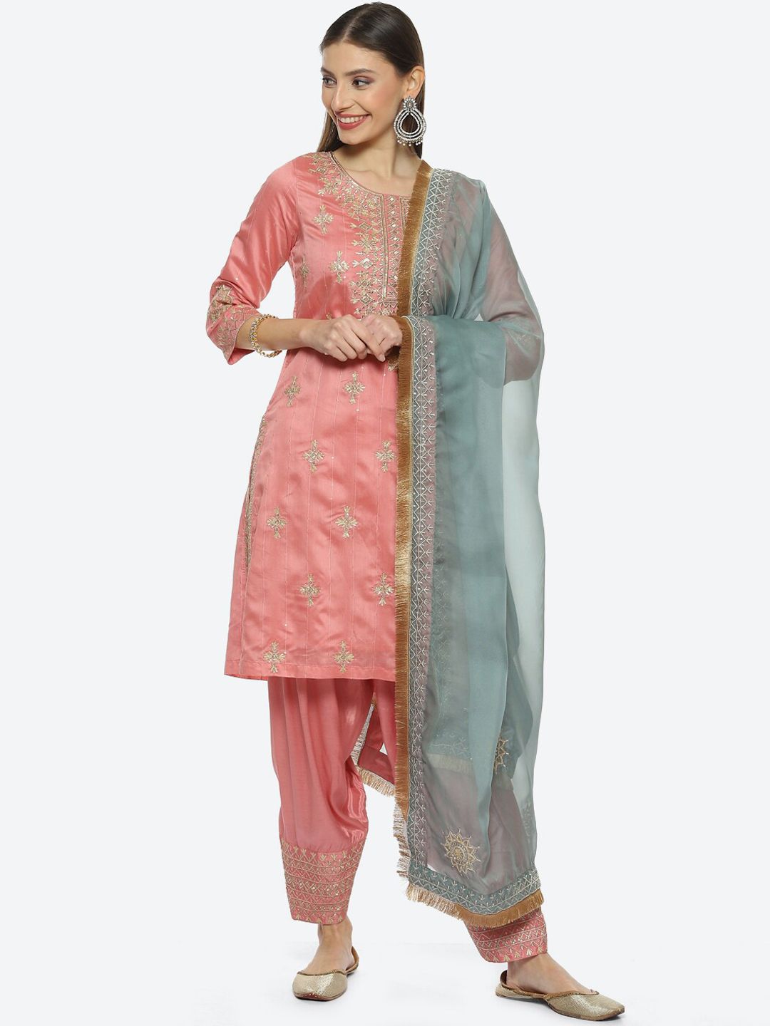 Biba Ethnic Motifs Embroidered Chanderi Cotton Kurta With Trousers & Dupatta