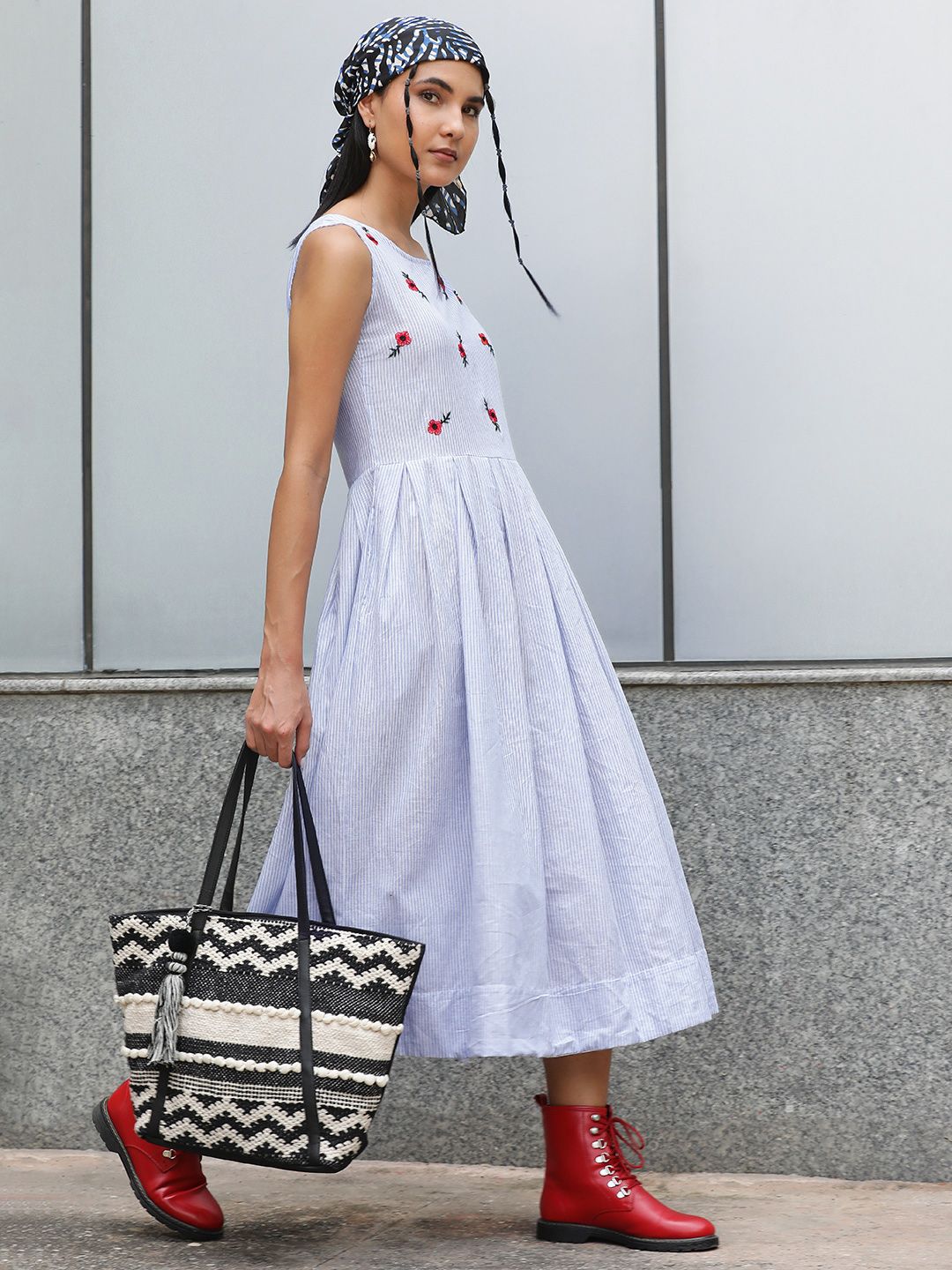 Tokyo Talkies Blue & White Cotton Midi Dress Price in India