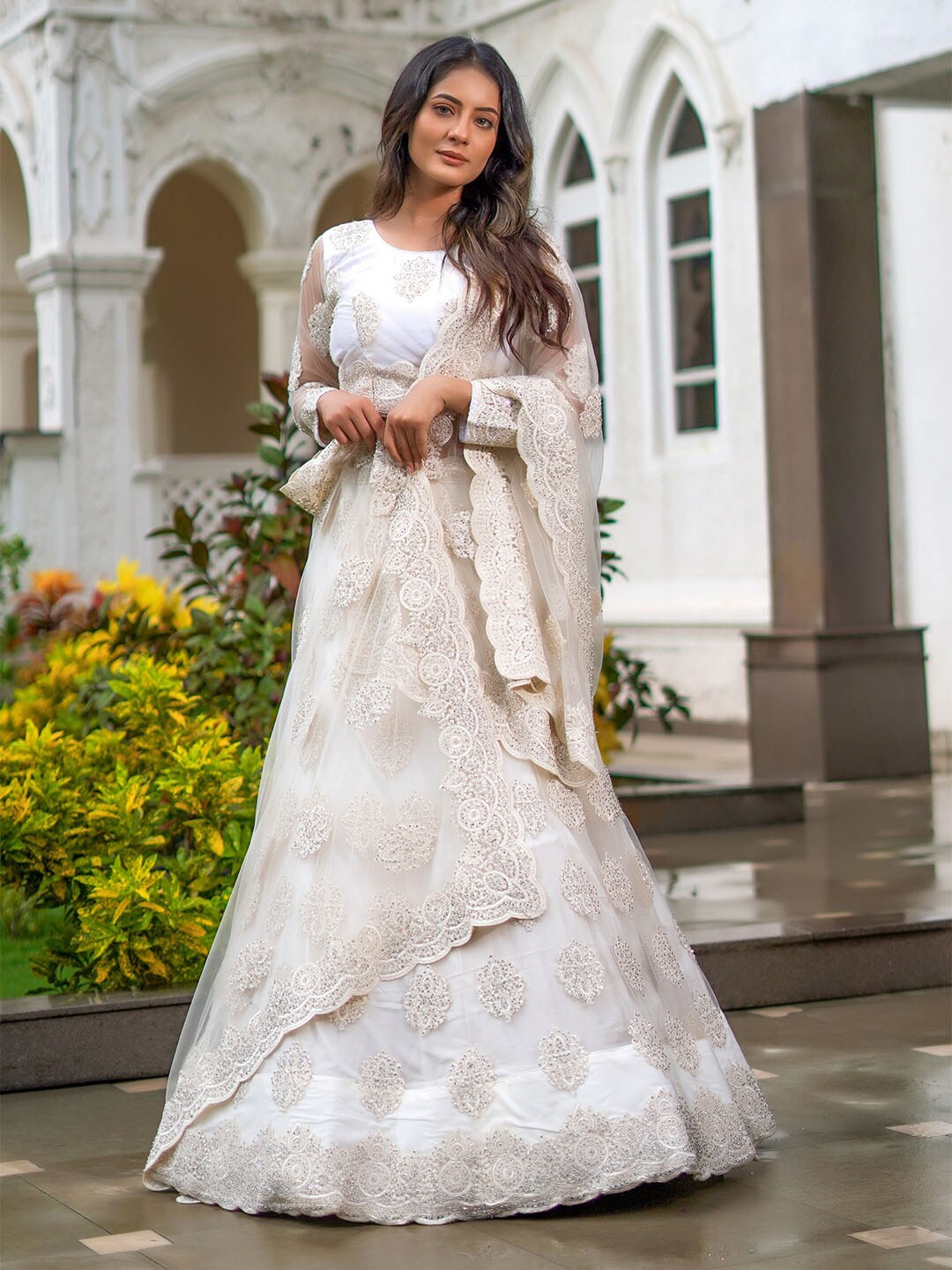 ASPORA White Embroidered Beads and Stones Semi-Stitched Lehenga & Unstitched Blouse With Dupatta Price in India