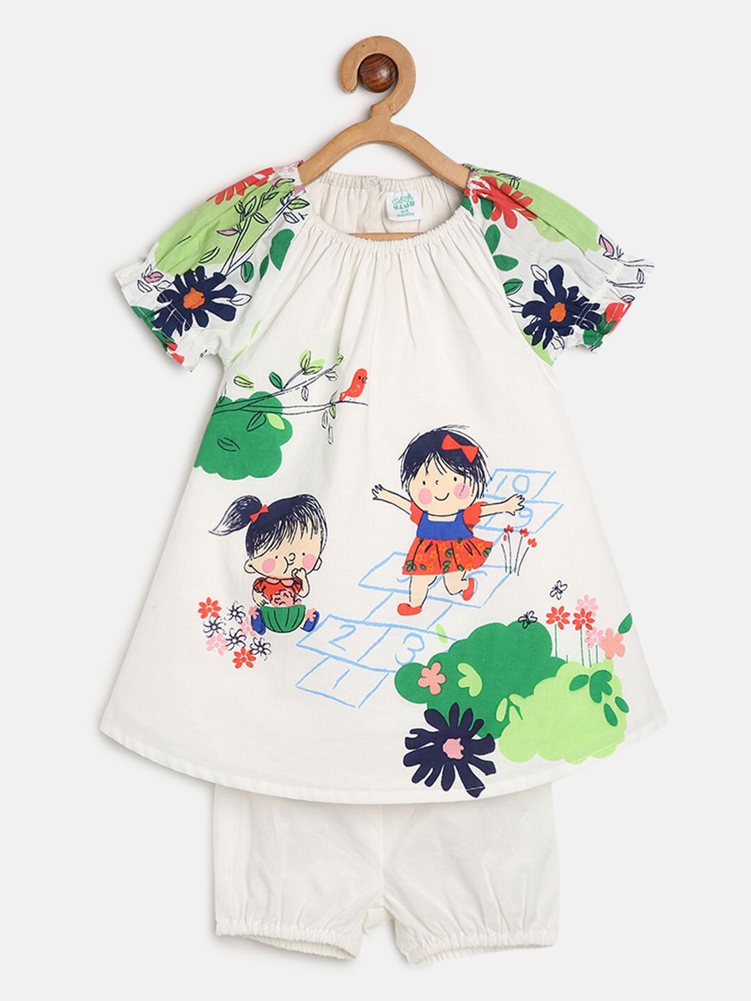 MINI KLUB Girls Printed Round Neck Pure Cotton Top With Shorts