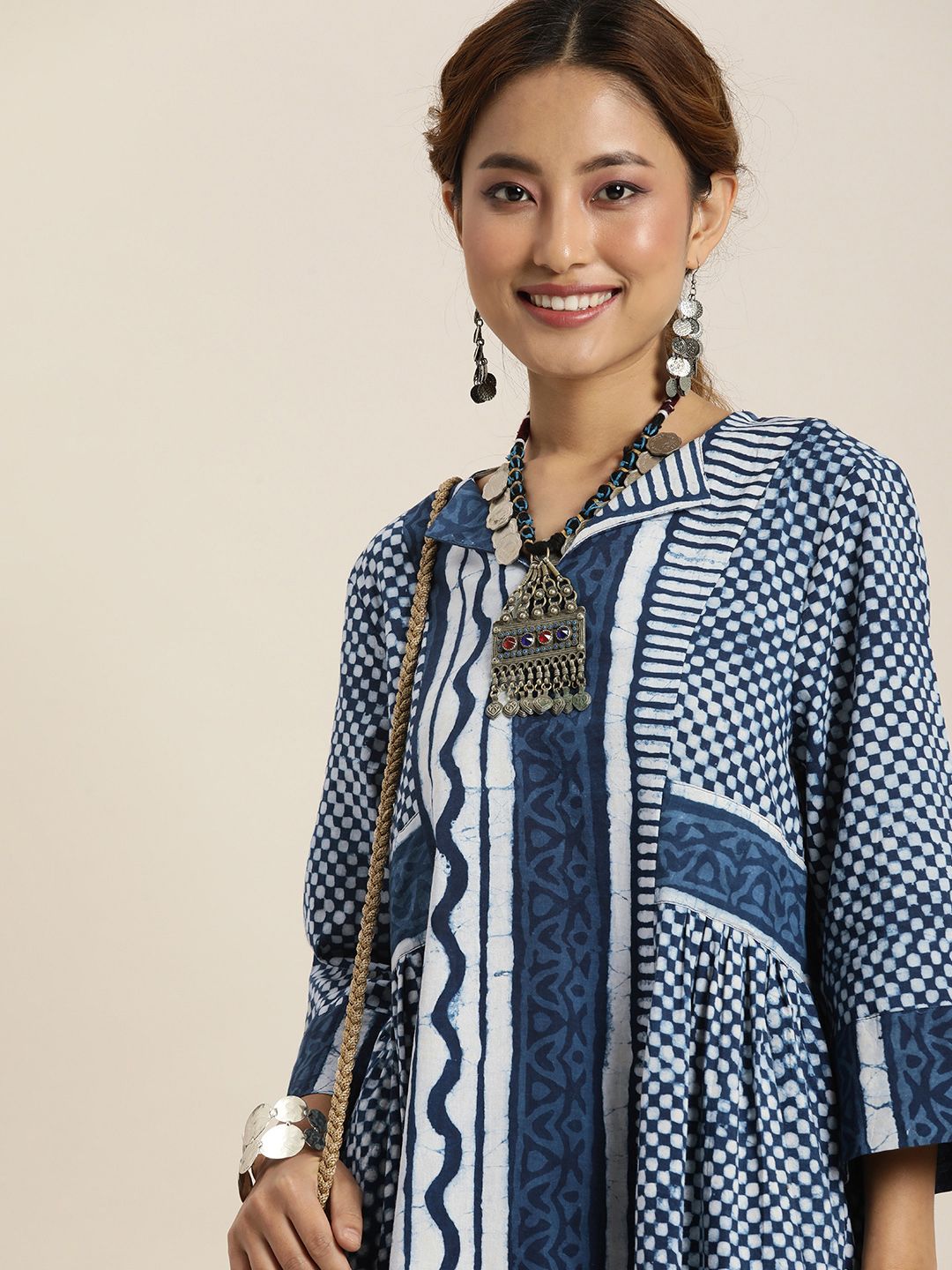 Taavi Indigo Geometric Printed Pure Cotton Ethnic A-Line Midi Dress Price in India