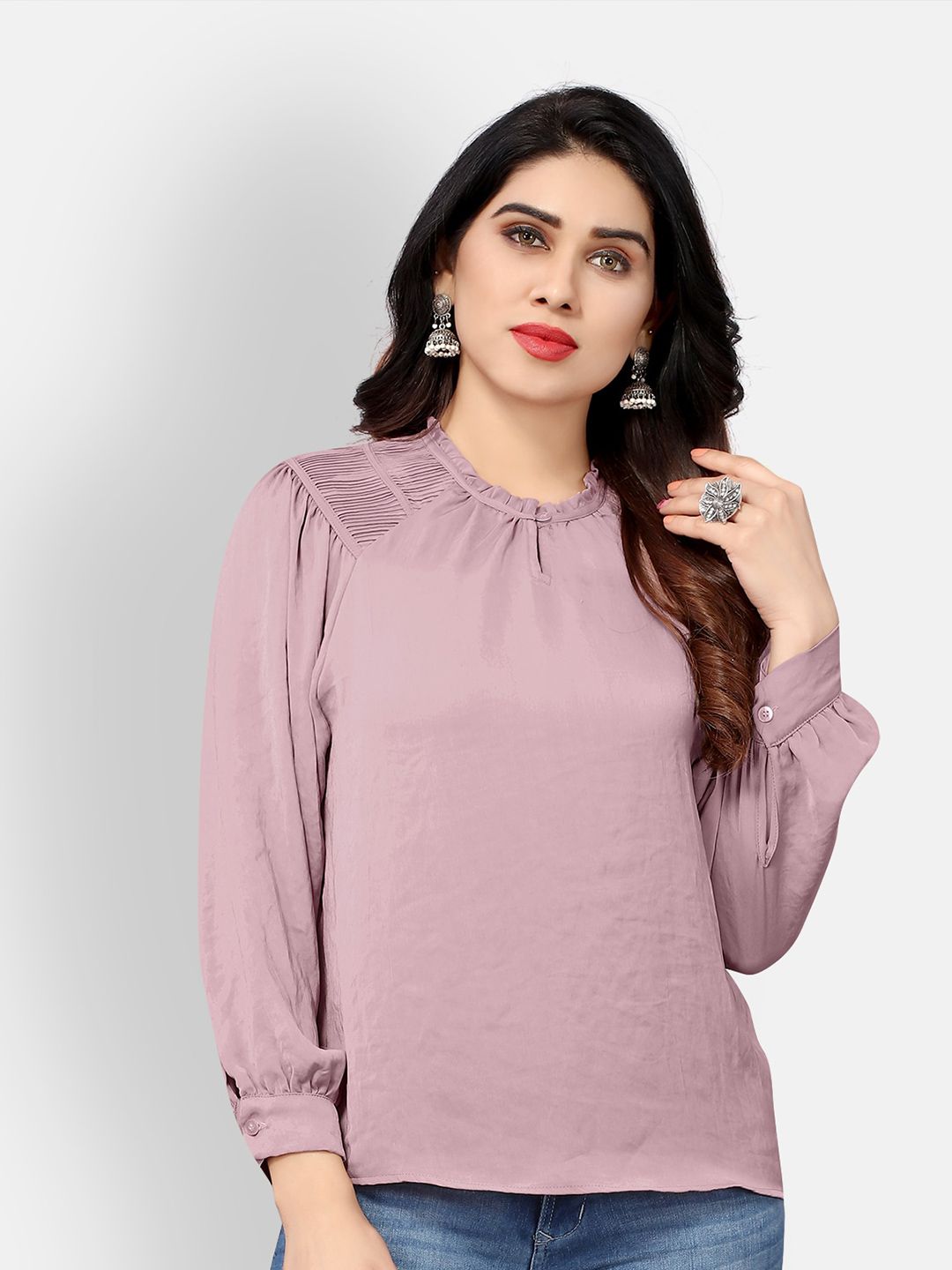 Mclothings Hummer Gathered Keyhole Neck Puffed Sleeves Satin Top Price in India