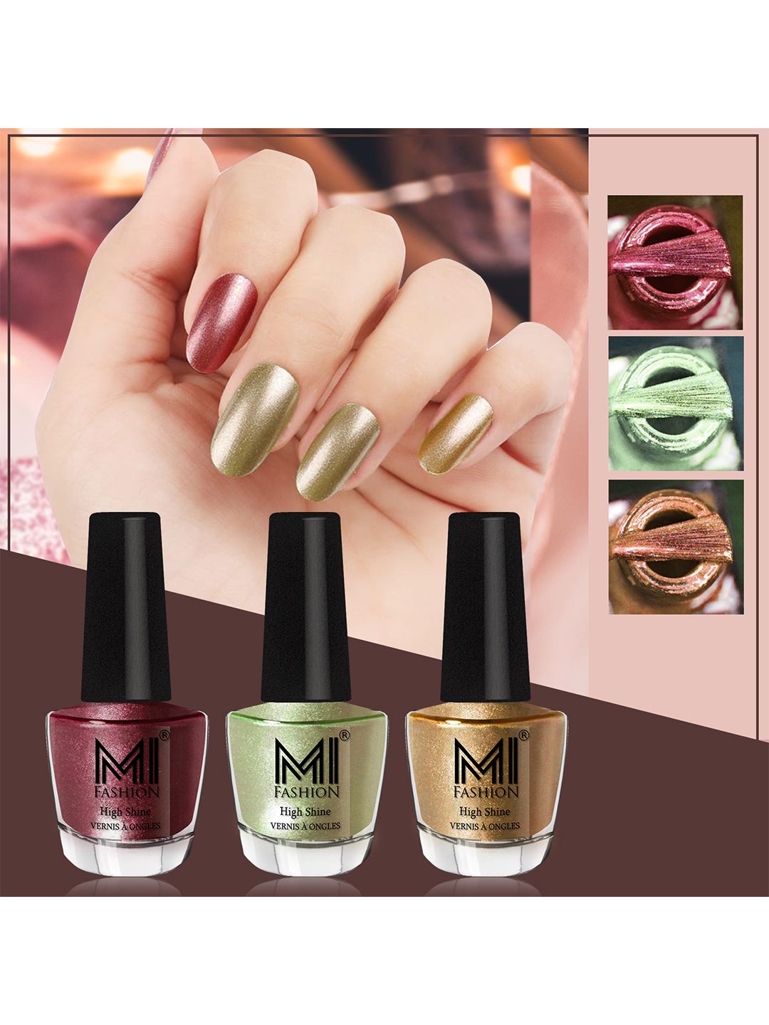 MI FASHION Set of 3 High Shine Long-Lasting Nail Lacquer 12 ml Each - Metallic Maroon 10 - Metallic Olive Green 11 - Golden 43
