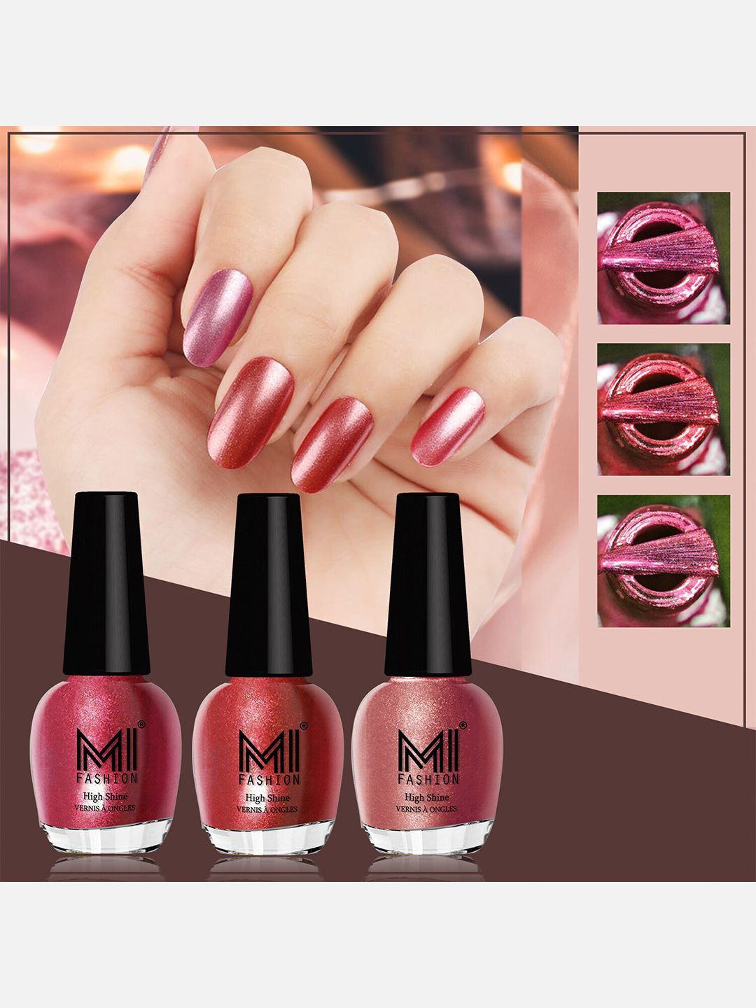 MI FASHION Set of 3 High Shine Long-Lasting Nail Lacquer 12 ml Each - Metallic Red 06 - Reddish Bronze 07 - Hot Lava 61