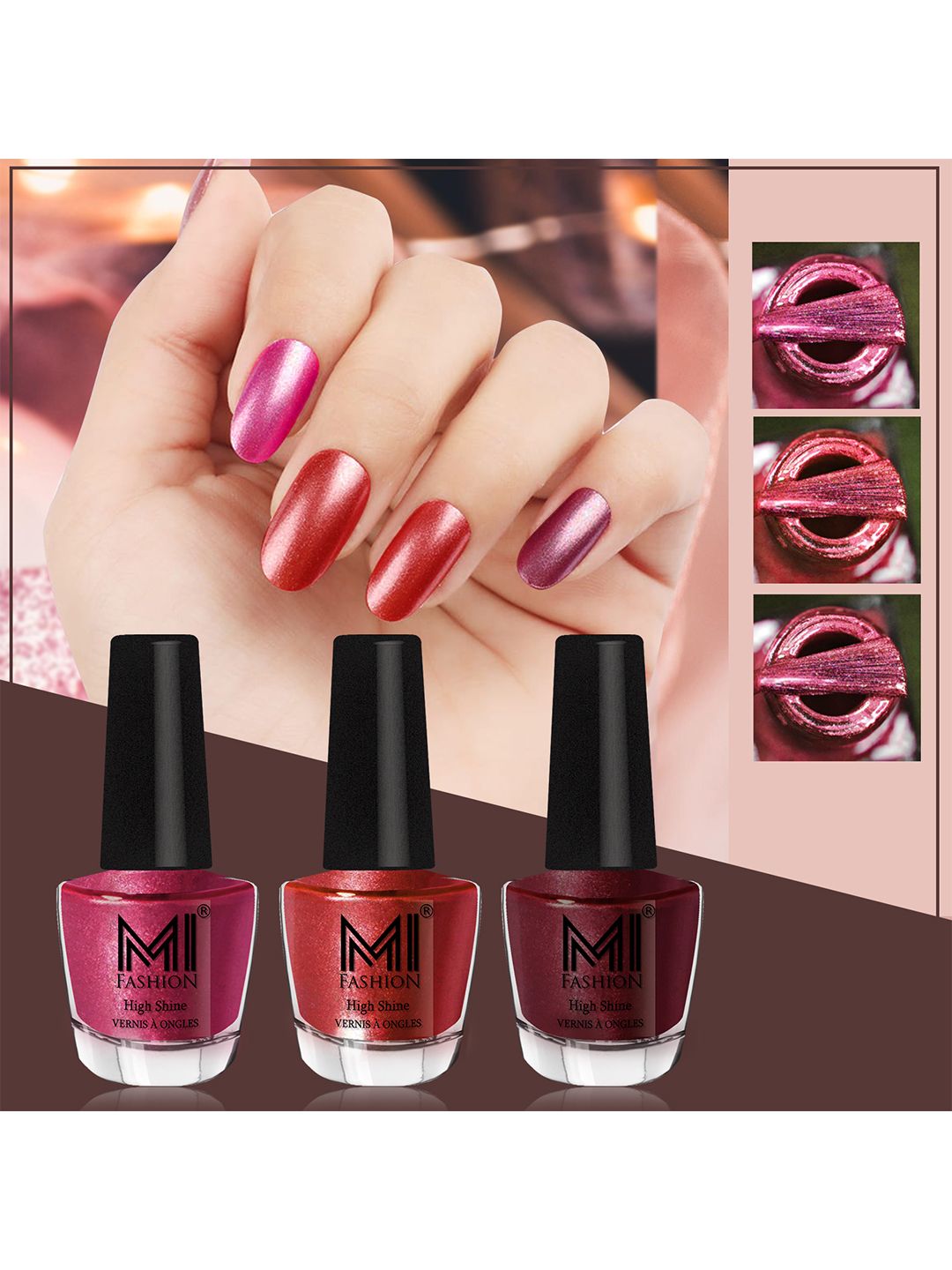 MI FASHION Set of 3 High Shine Long-Lasting Nail Lacquer 12 ml Each - Metallic Red 06 - Reddish Bronze 07 - Shimmer Coffee 09