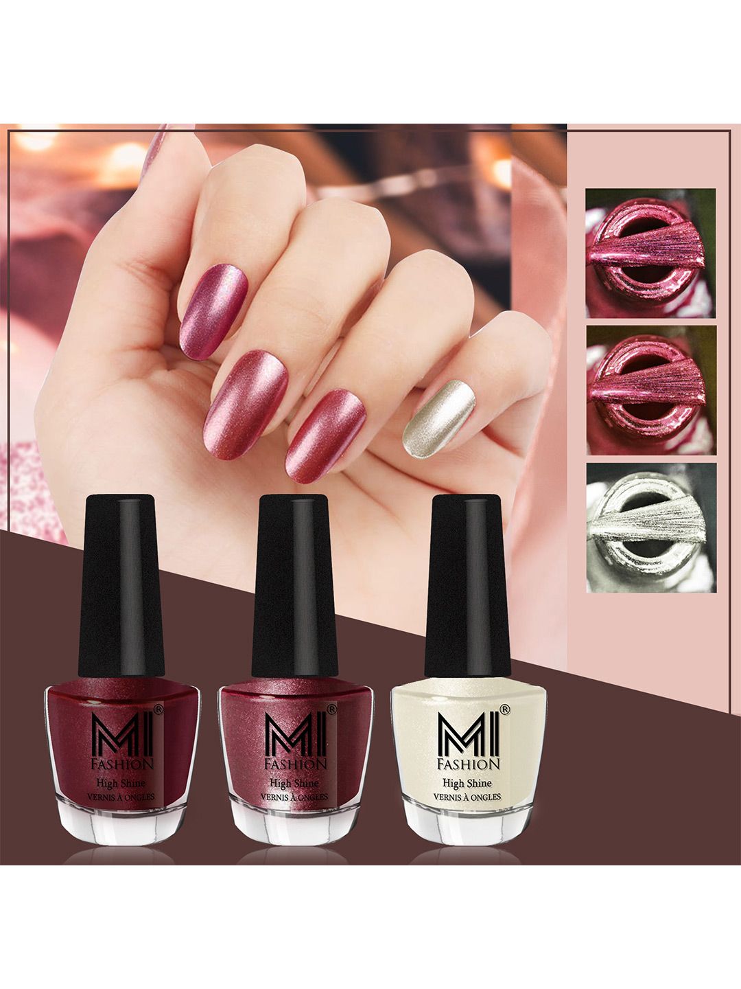 MI FASHION Set of 3 High Shine Long-Lasting Nail Lacquer 12 ml Each - Shimmer Coffee 09 - Metallic Maroon 10 - Pearly White Chrome 58