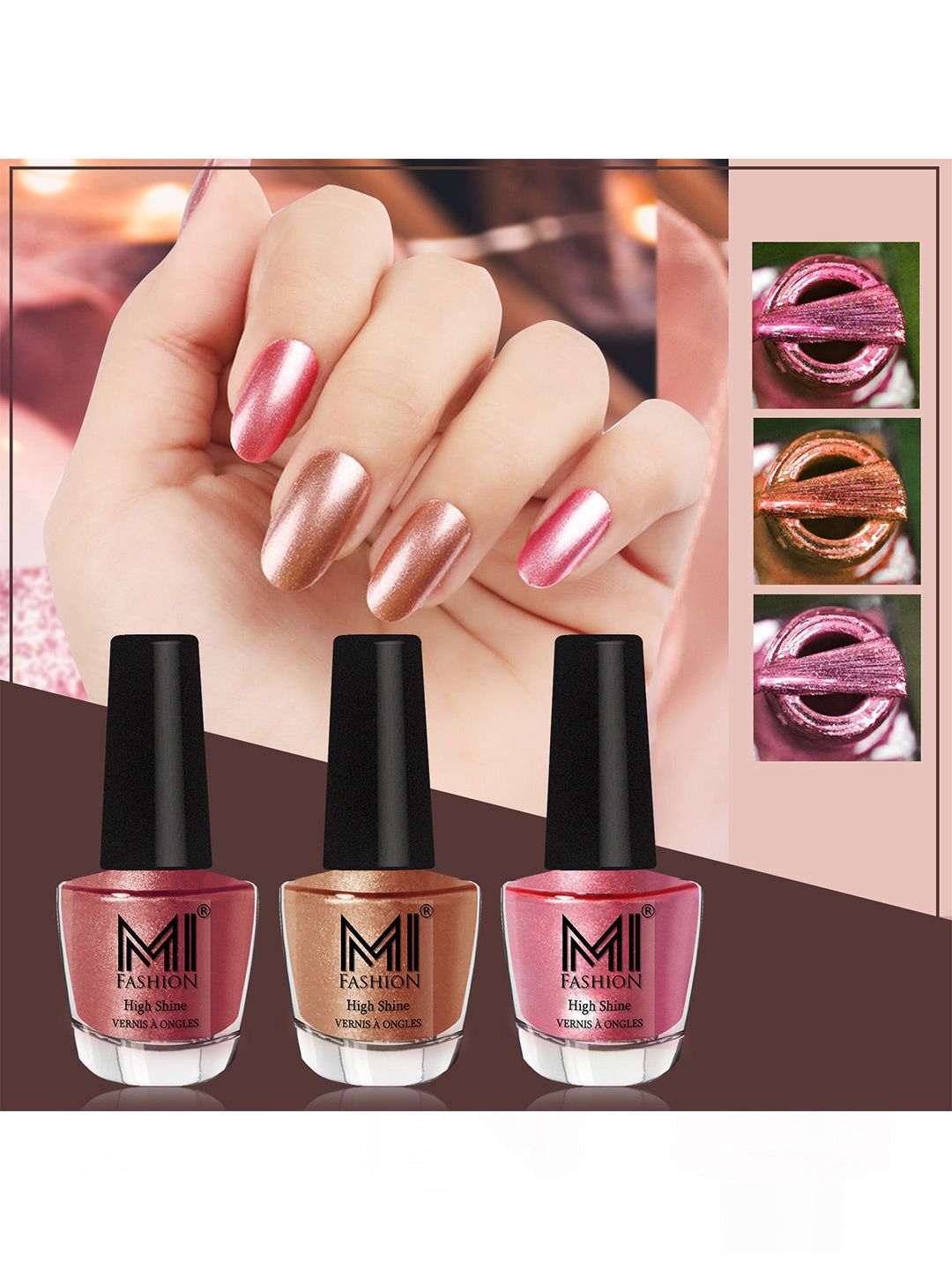 MI FASHION Set of 3 High Shine Long-Lasting Nail Lacquer 12 ml Each - Hot Lava 61 - Bronze Magnetic 62 - Metallic Pink 47