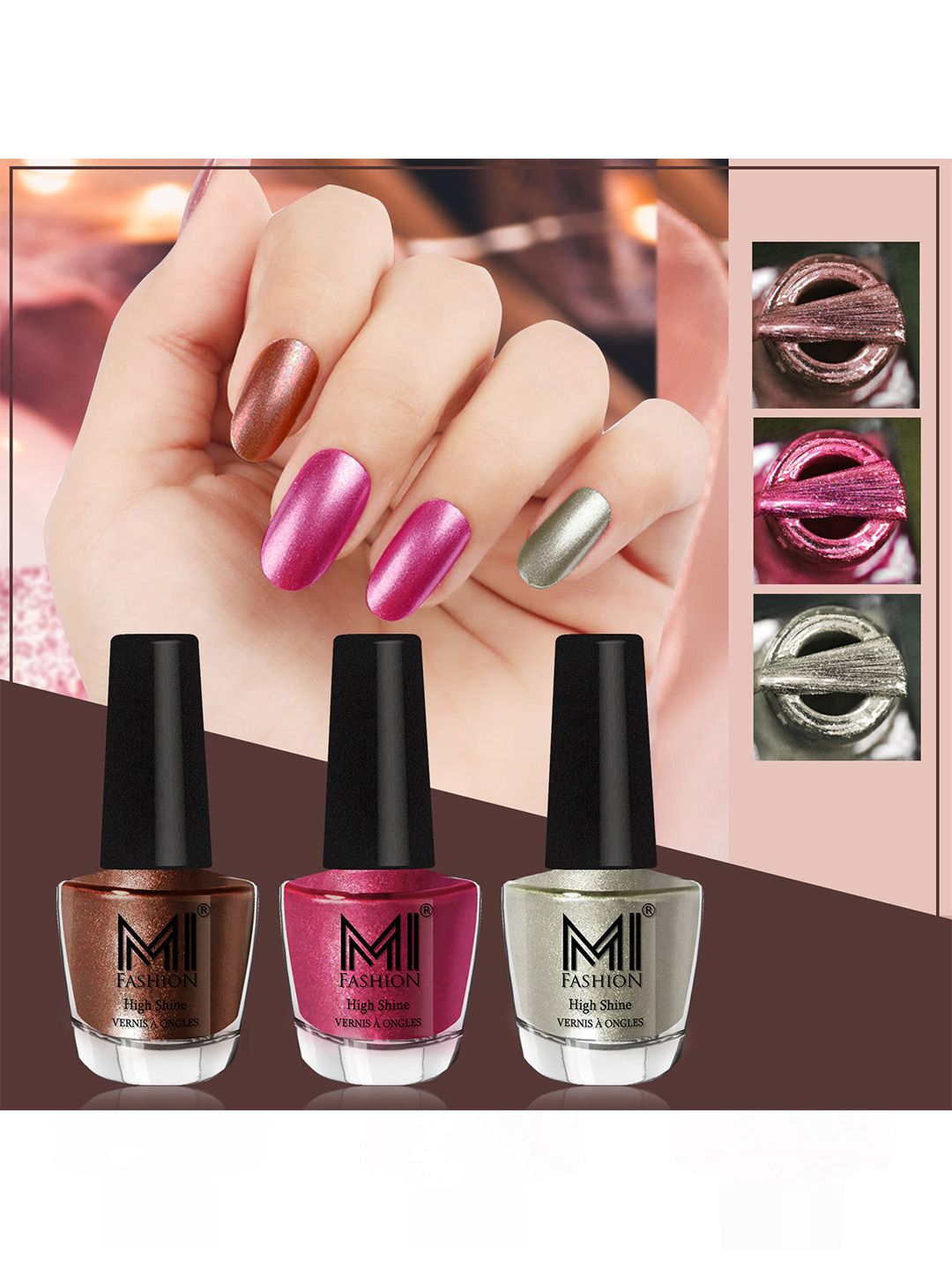 MI FASHION Set of 3 High Shine Long-Lasting Nail Lacquer 12 ml Each - Brown Coffee 05 - Metallic Red 06 - Metallic Green 67