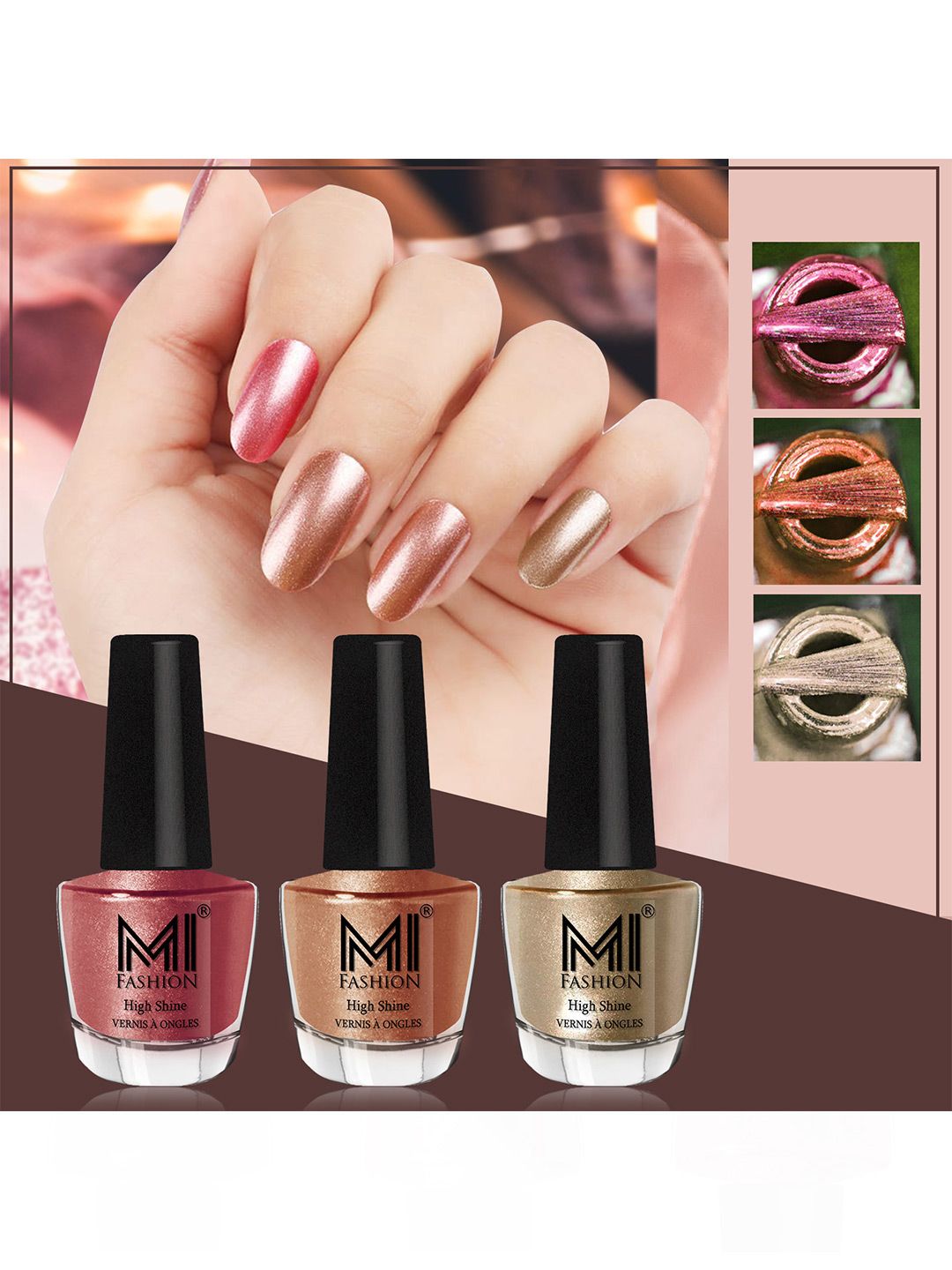 MI FASHION Set Of 3 High Shine Long Lasting Shimmer Nail Paint - 12ml Each