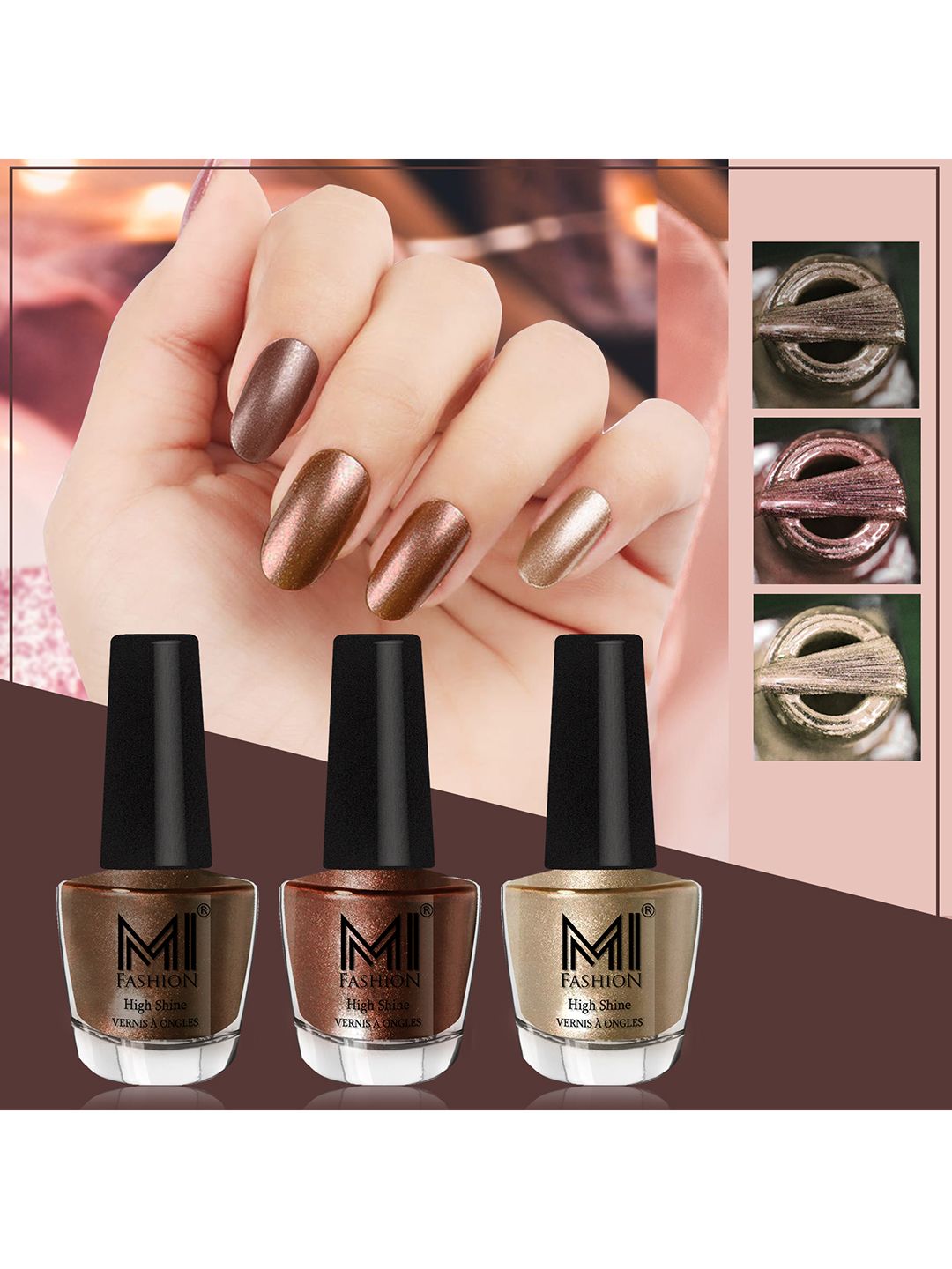 MI FASHION Set of 3 High Shine Long-Lasting Nail Lacquer 12 ml Each - Metallic Coffee 04 - Brown Coffee 05 - Light Golden 13