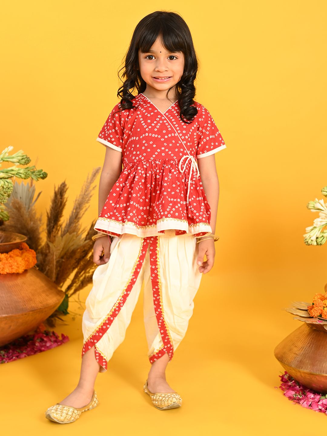 SAKA DESIGNS Girls Bandhani Printed Angrakha Pure Cotton Kurta with Dhoti Pants