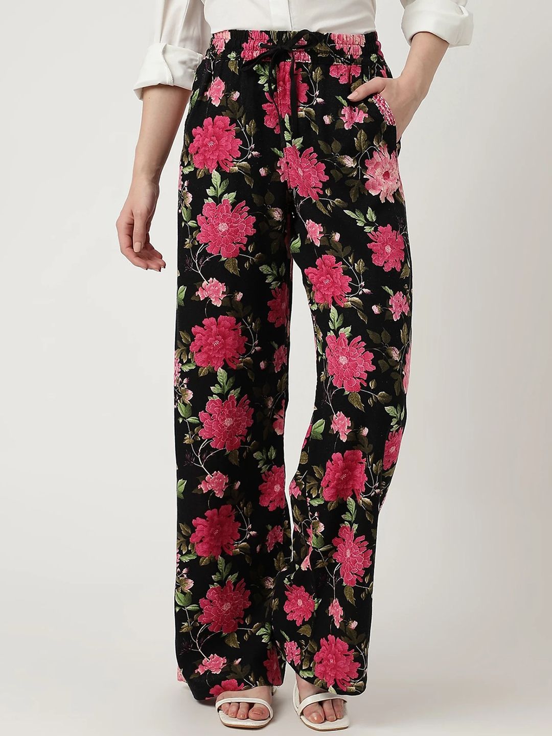 Marks & Spencer Women Black Floral Printed Straight Fit High-Rise Trousers Price in India