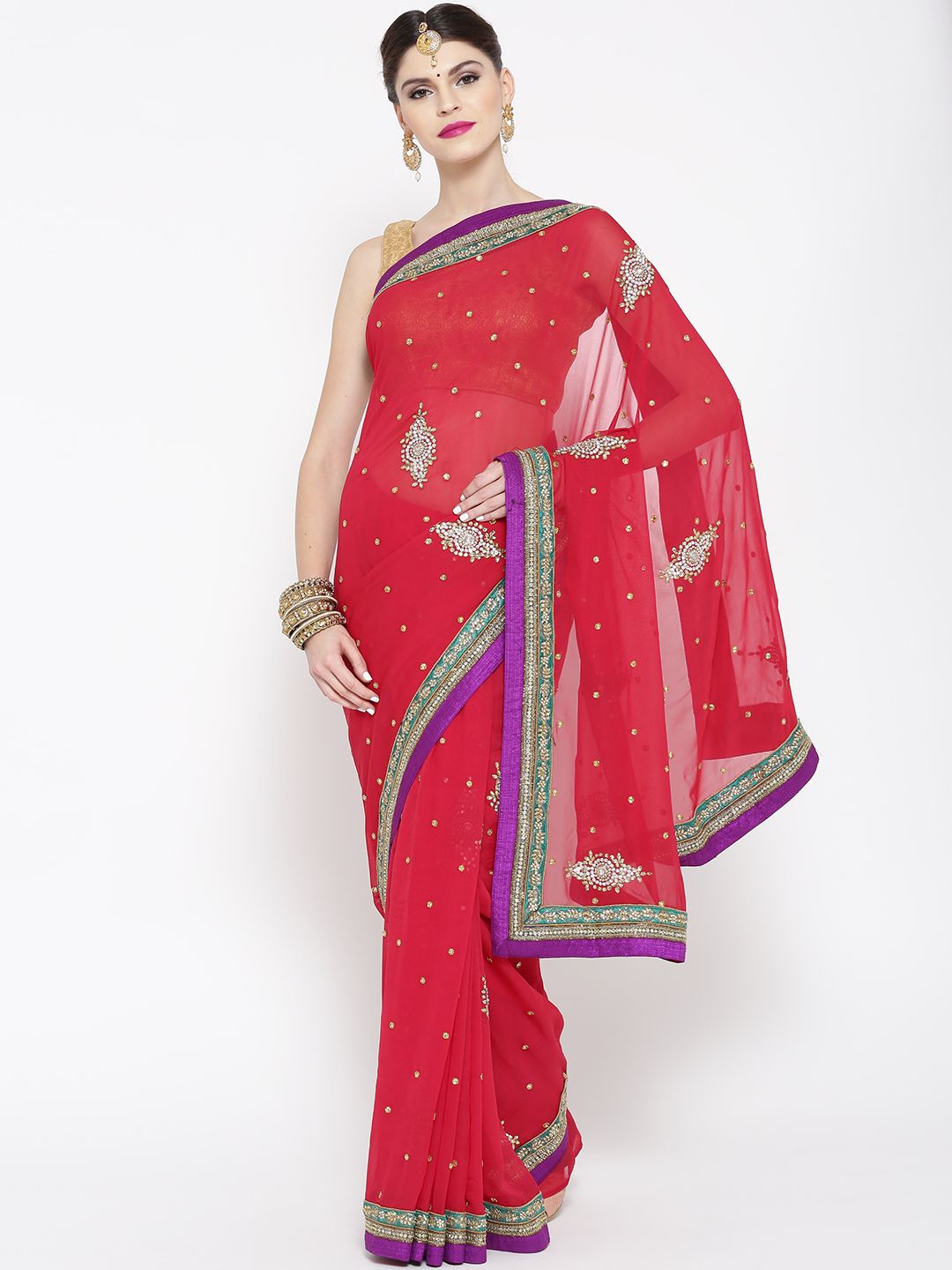 Chhabra 555 Red Pure Georgette Embellished Saree Price in India