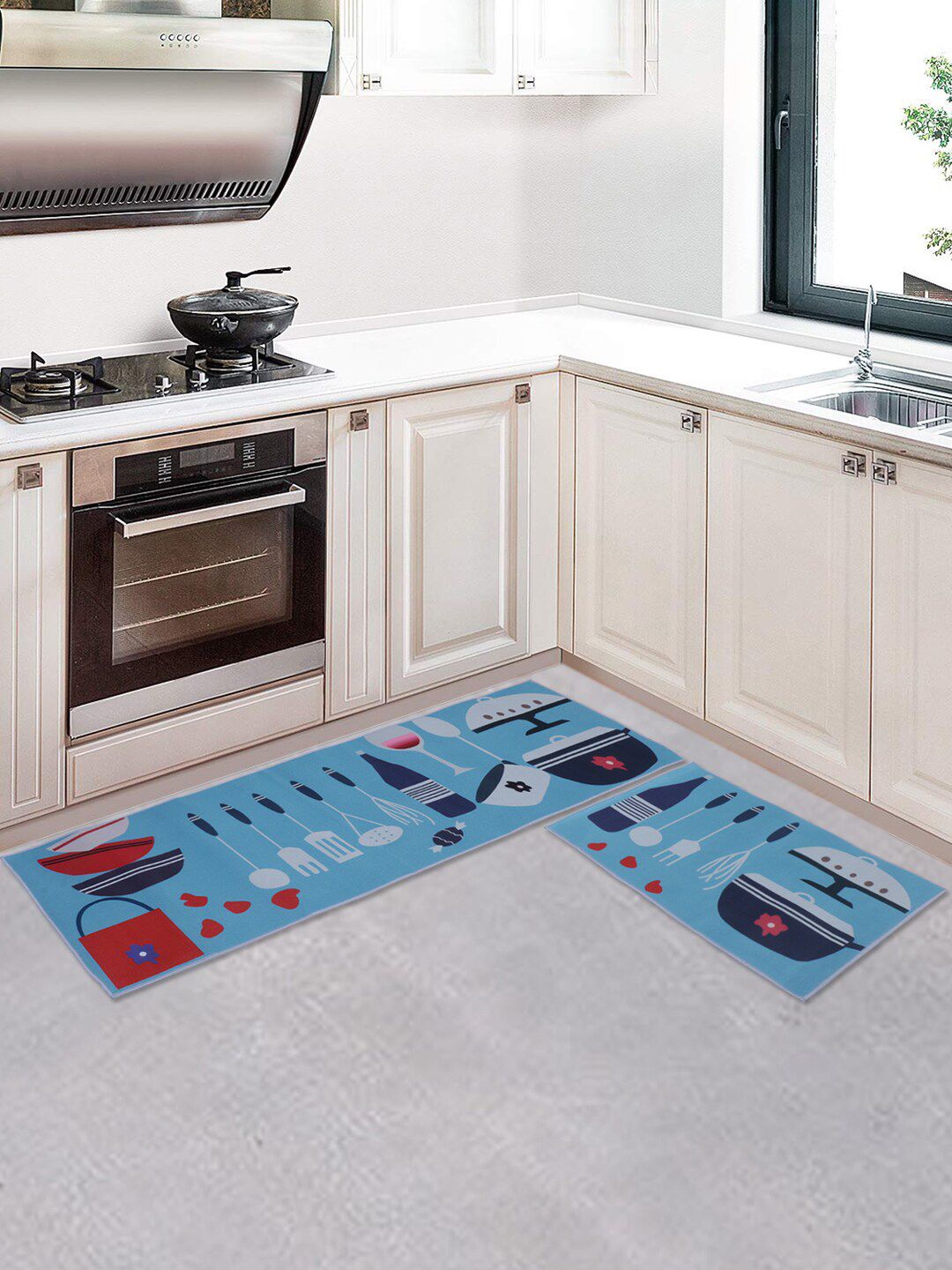 A Vintage Affair- Home Decor 2-Pcs Blue & Grey Self-Design Floor Mats