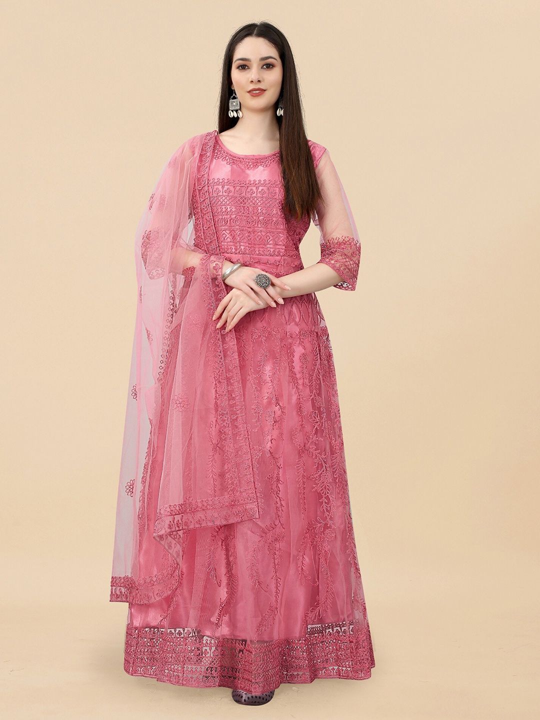 APNISHA Ethnic Motifs Embroidered Semi-Stitched Gown Dress Price in India