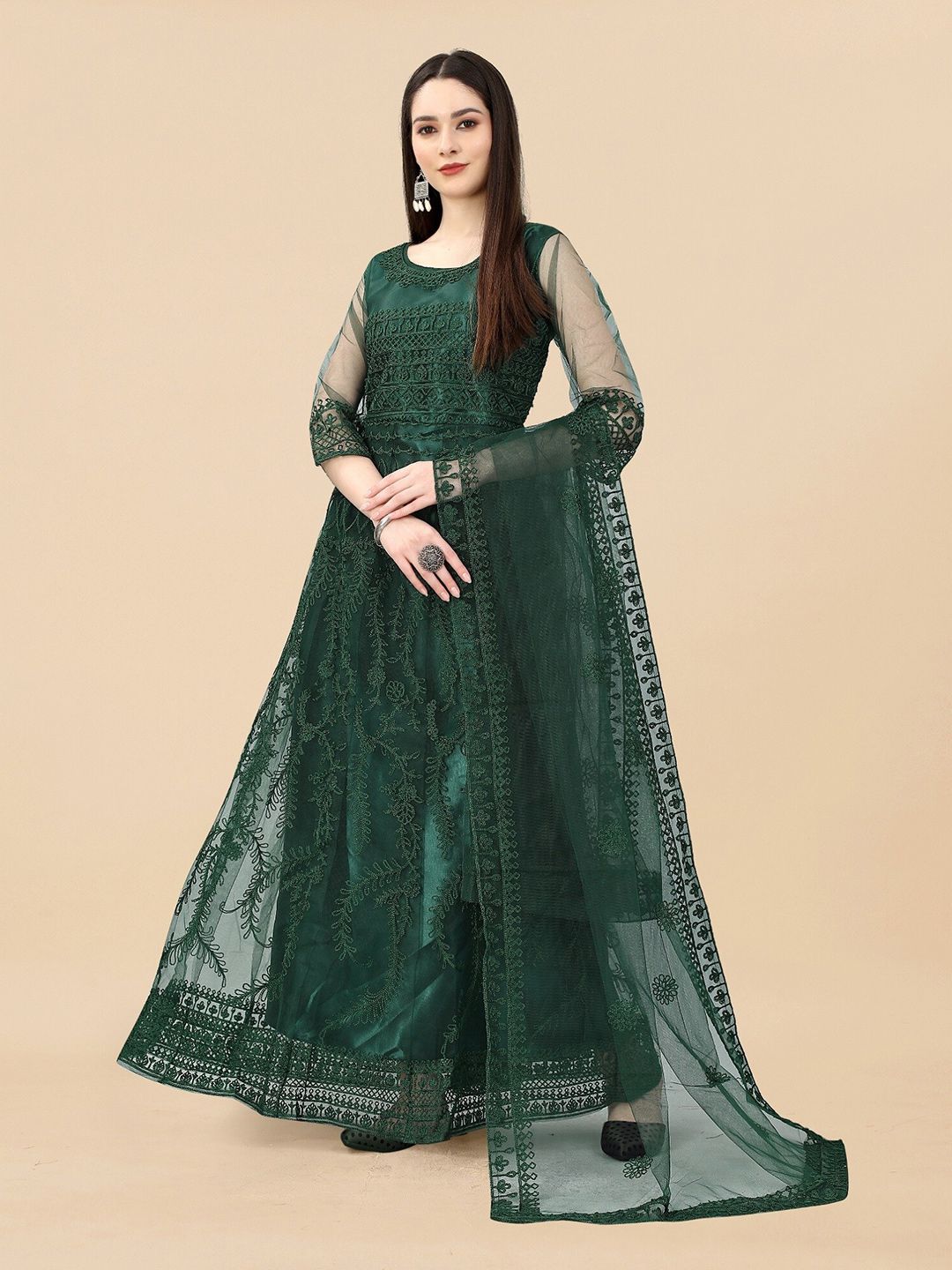 APNISHA Round Neck Ethnic Motifs Embroidered Semi-Stitched Gown Dress Price in India