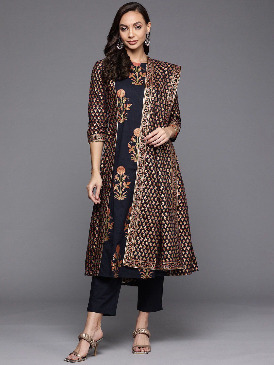 Indo Era Women Navy Blue Floral Printed Kurta with Trousers & With Dupatta Price in India