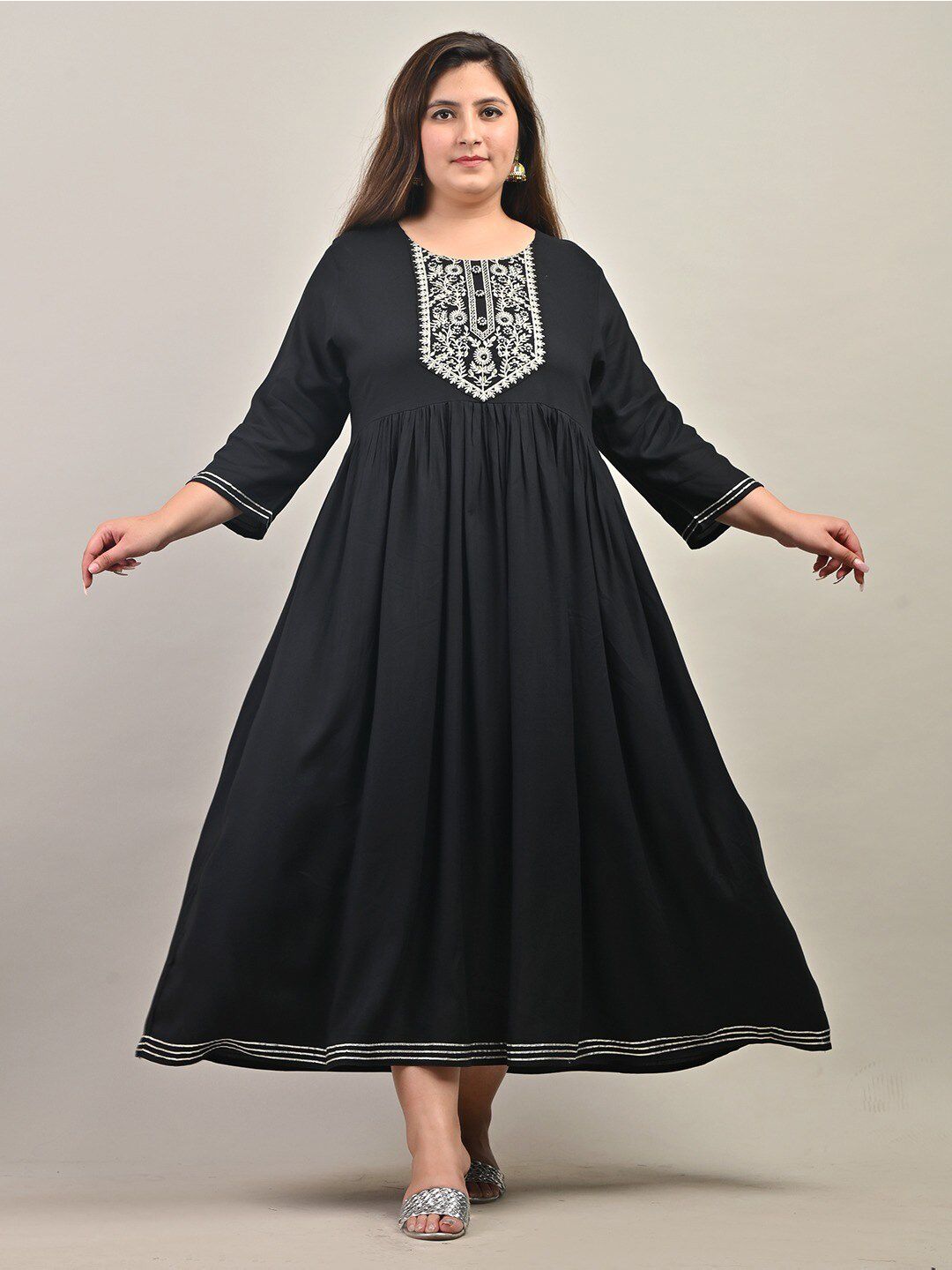 Swasti Plus Size Round Neck Gathered Ethnic Motifs Embroidered Gown Dress Price in India