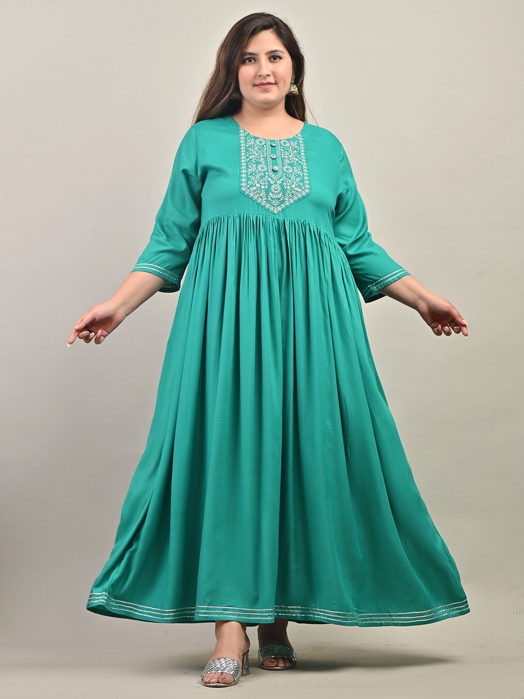 Swasti Plus Size Round Neck Gathered Ethnic Motifs Embroidered Gown Dress Price in India