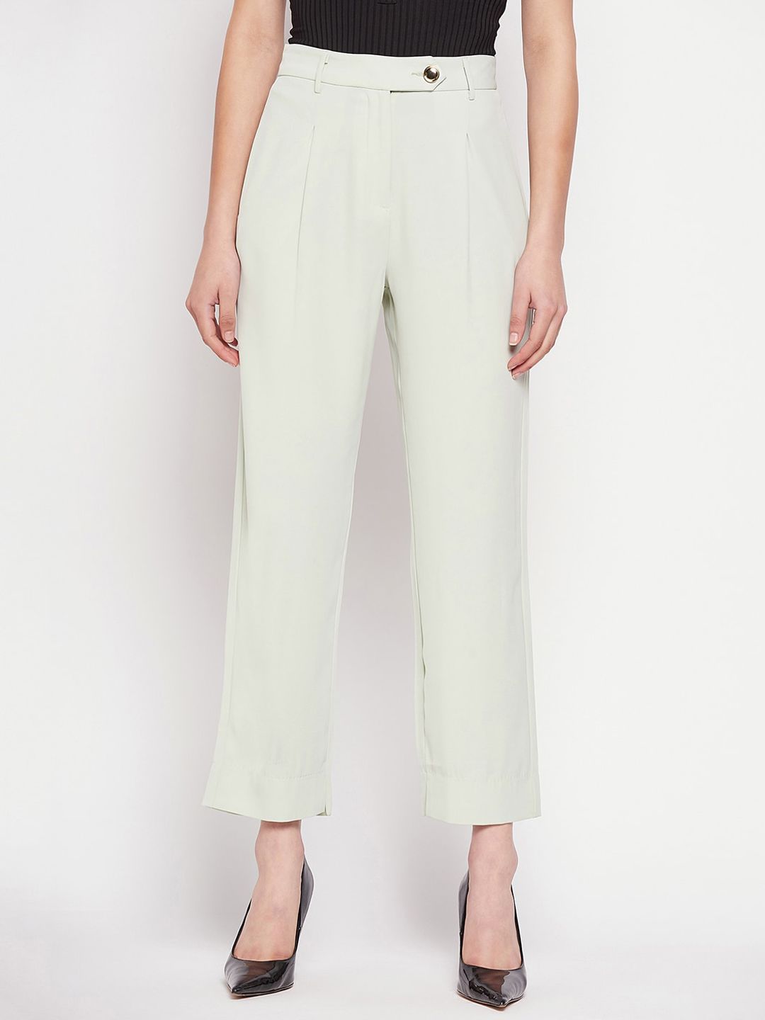 Madame Women Mid Rise Cropped Pleated Straight Fit Trousers Price in India