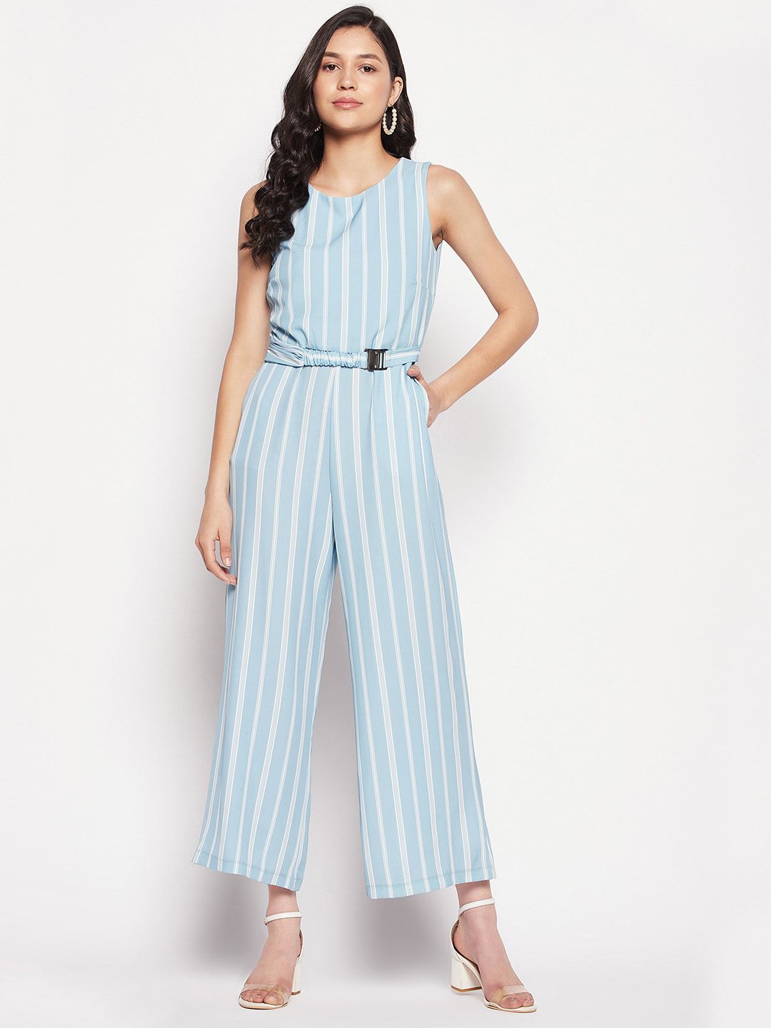 Madame Sleeveless Striped Basic Jumpsuit Price in India