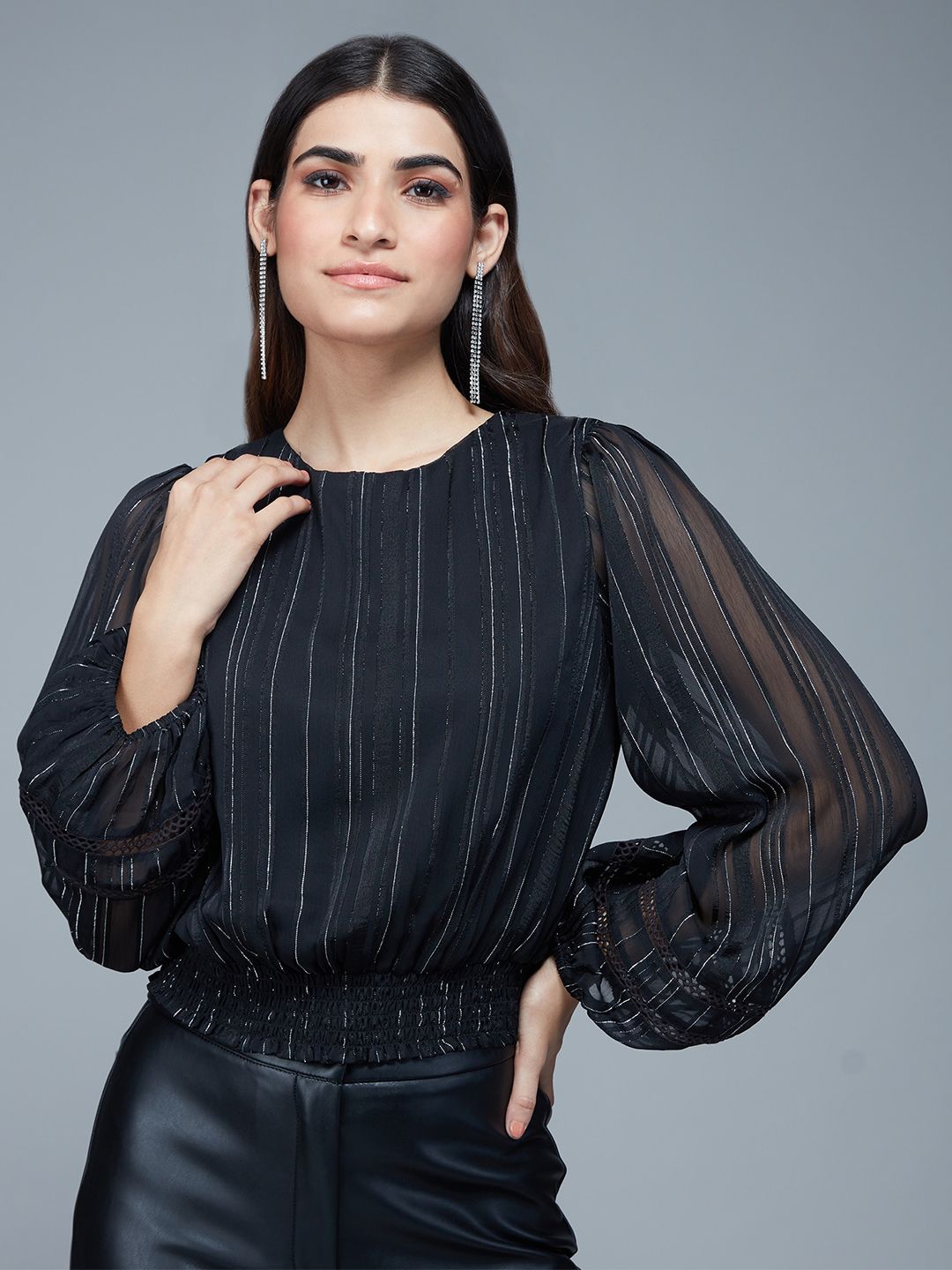 20Dresses Striped Cuff Sleeves Blouson Top Price in India