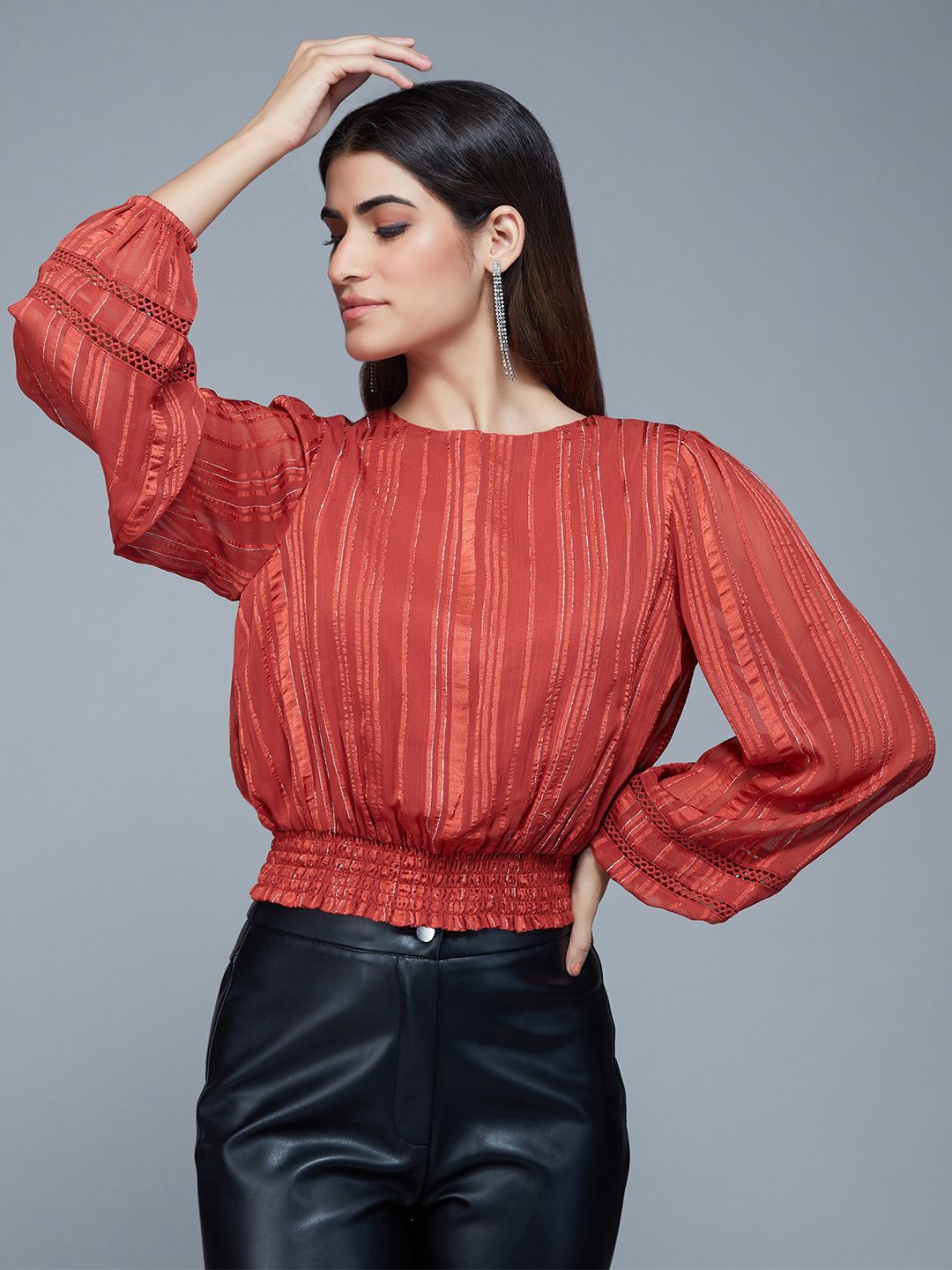 20Dresses Vertical Striped Puff Sleeves Blouson Top Price in India