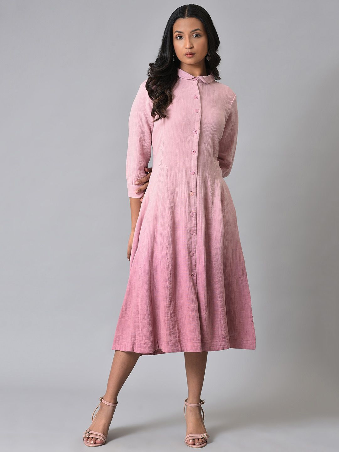 W Dyed Shirt Collar A-Line Midi Dress Price in India