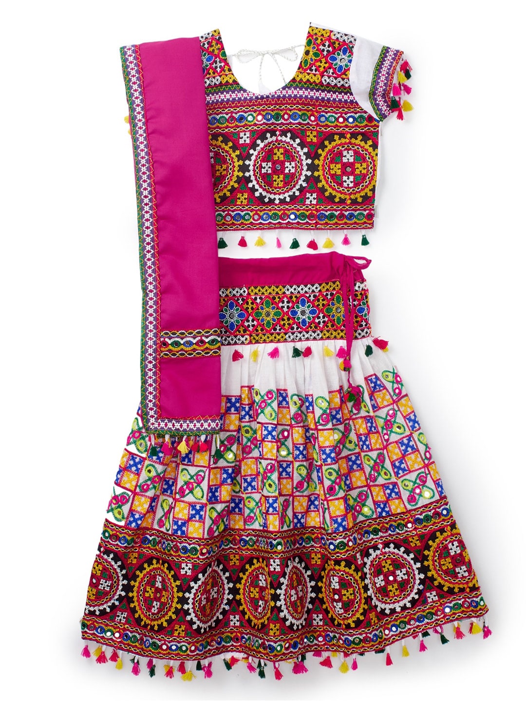 BANJARA INDIA Girls White & Pink Embroidered Thread Work Ready to Wear Lehenga & Blouse With Dupatta Price in India