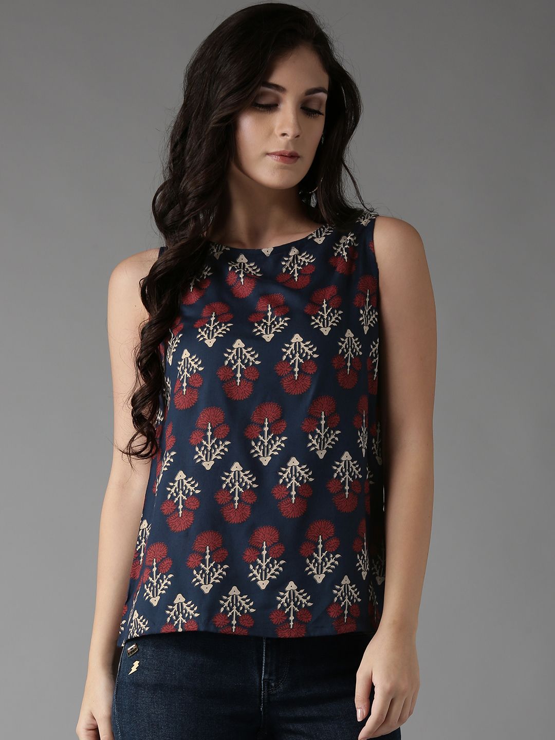 HERE&NOW Women Navy Blue Printed Top Price in India