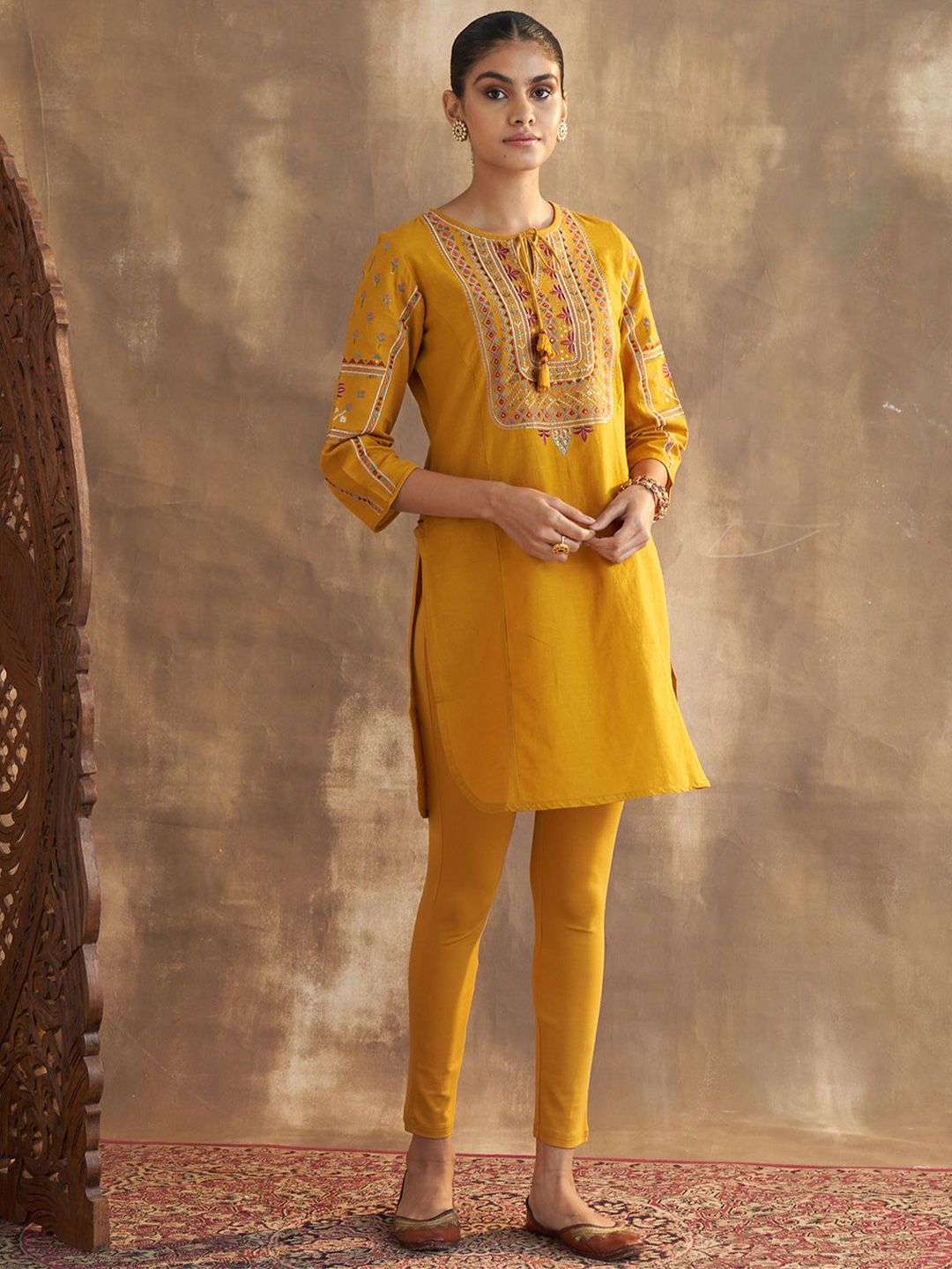 Lakshita Mustard Yellow Ethnic Motifs Embroidered Thread Work Pure Cotton Thread Work Kurti Price in India