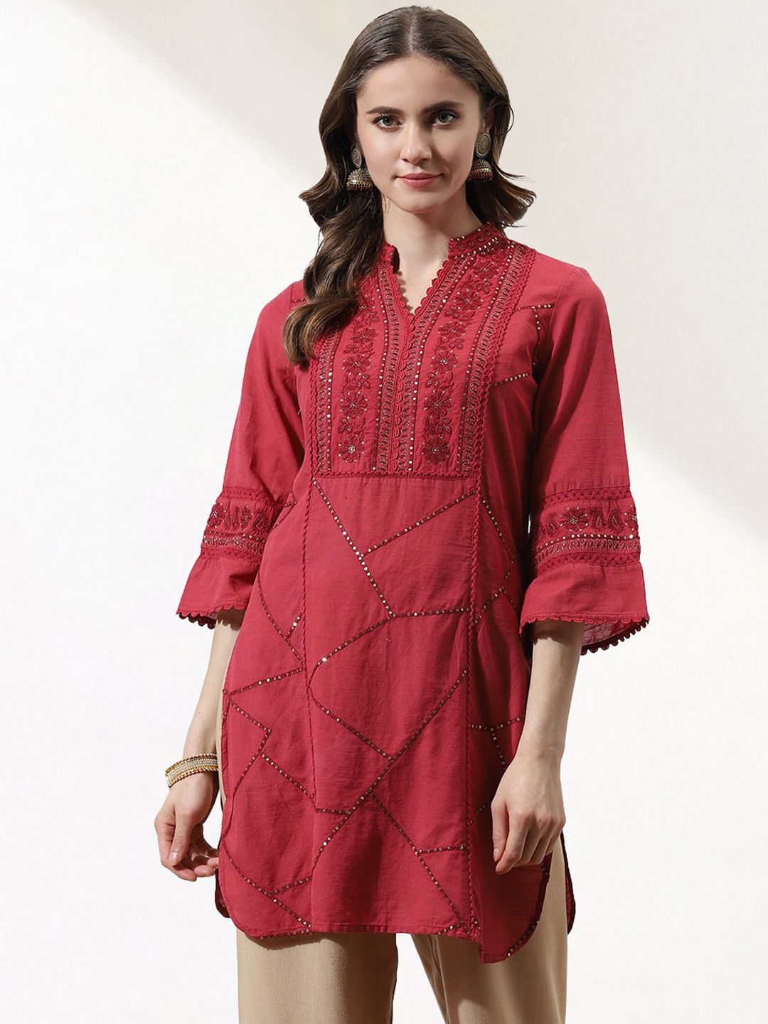 Lakshita Red Ethnic Motifs Embroidered Thread Work Pure Cotton Thread Work Kurti Price in India
