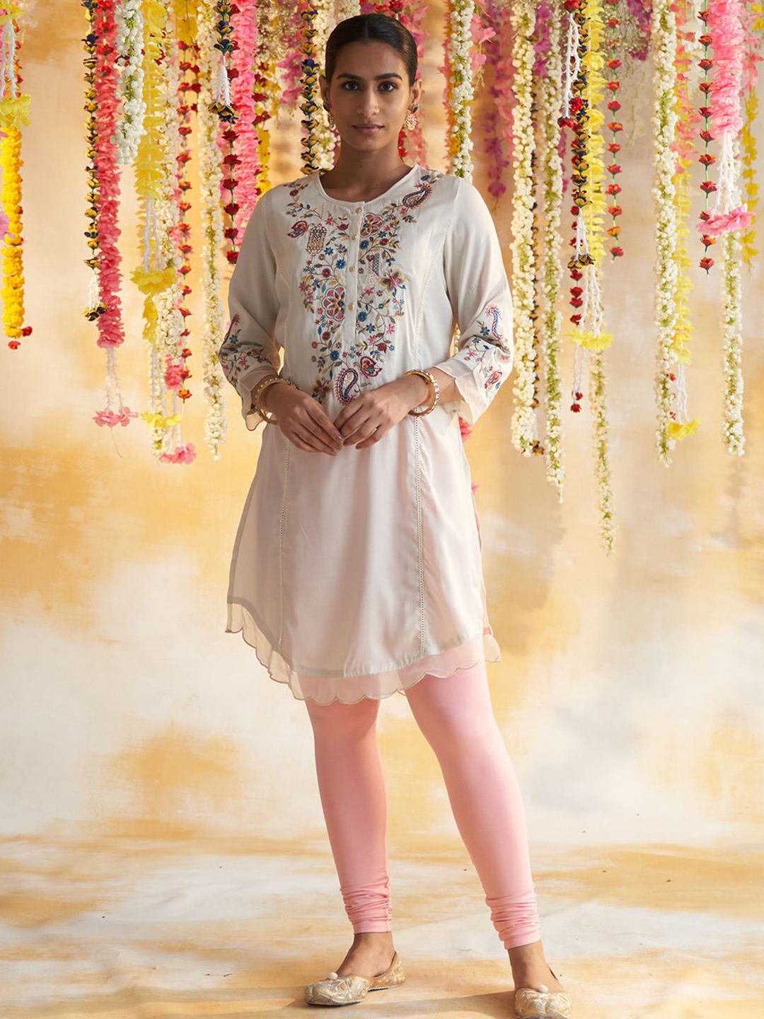Lakshita White & Pink Ethnic Motifs Embroidered Thread Work Thread Work Kurti Price in India