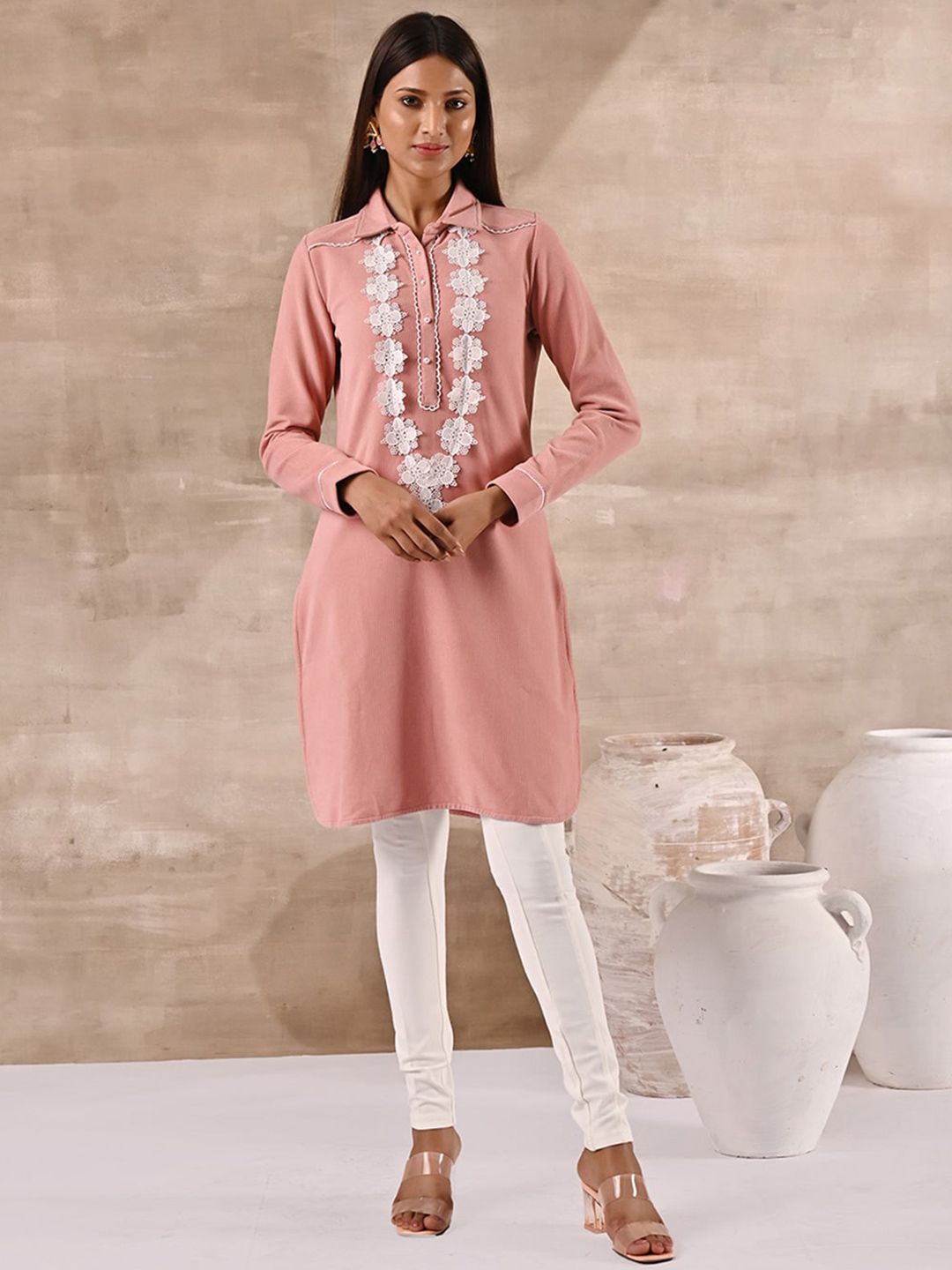 Lakshita Plus Size Striped Shirt Collar Woolen Long Sleeves Lace Work Kurti Price in India