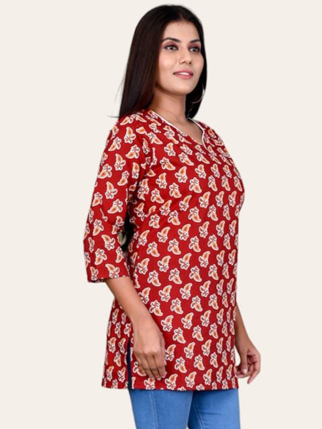 Kesarya Red Ethnic Motifs Printed V-Neck Pure Cotton Handloom Kurti Price in India