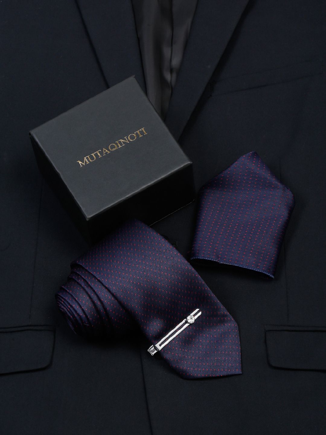LOUIS STITCH Men Dotted Pattern Blue Italian Silk Necktie Accessory Gift Set